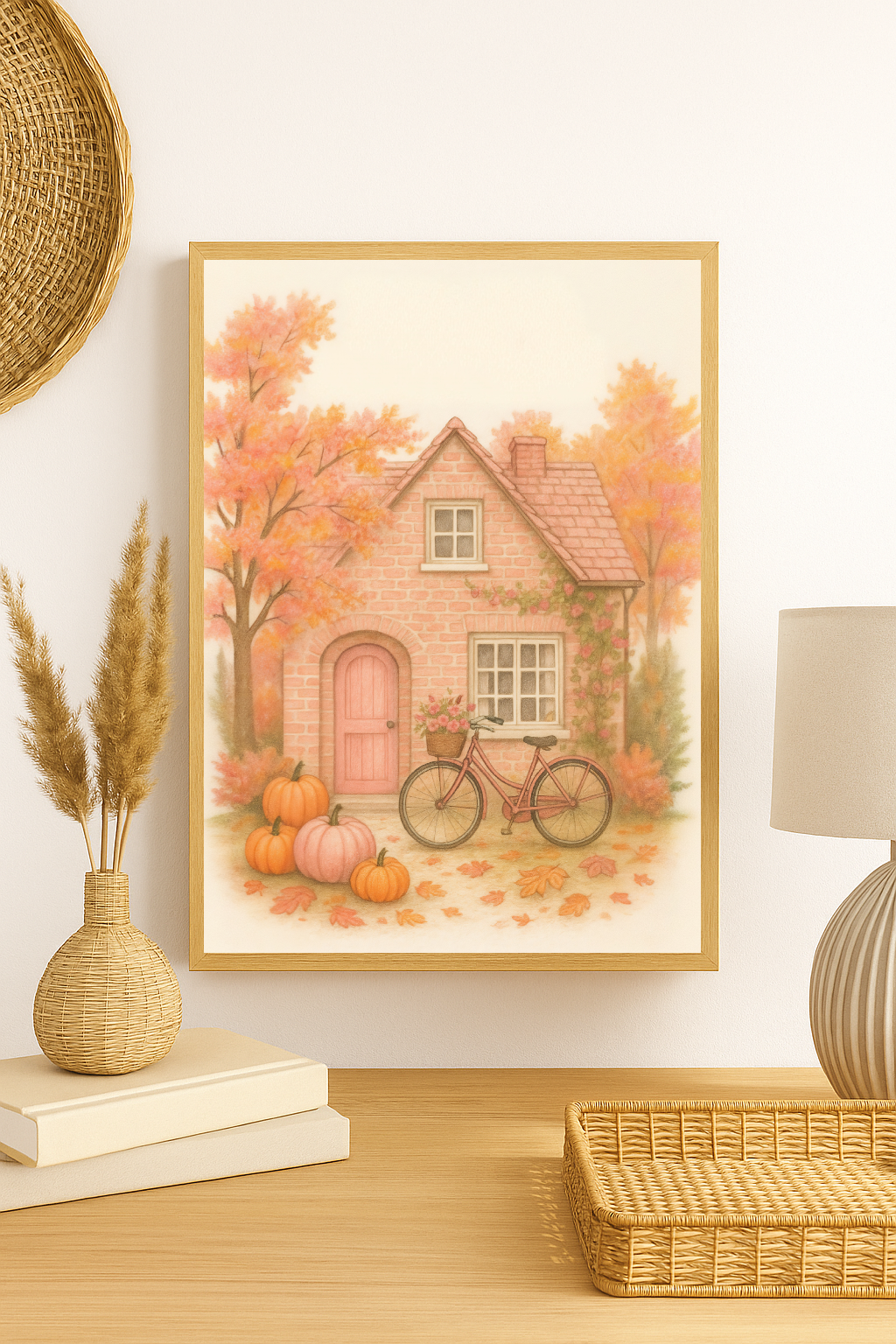Autumn Cottage Wall Art – Cozy Pink Brick House with Pumpkins, Bicycle & Fall Leaves
