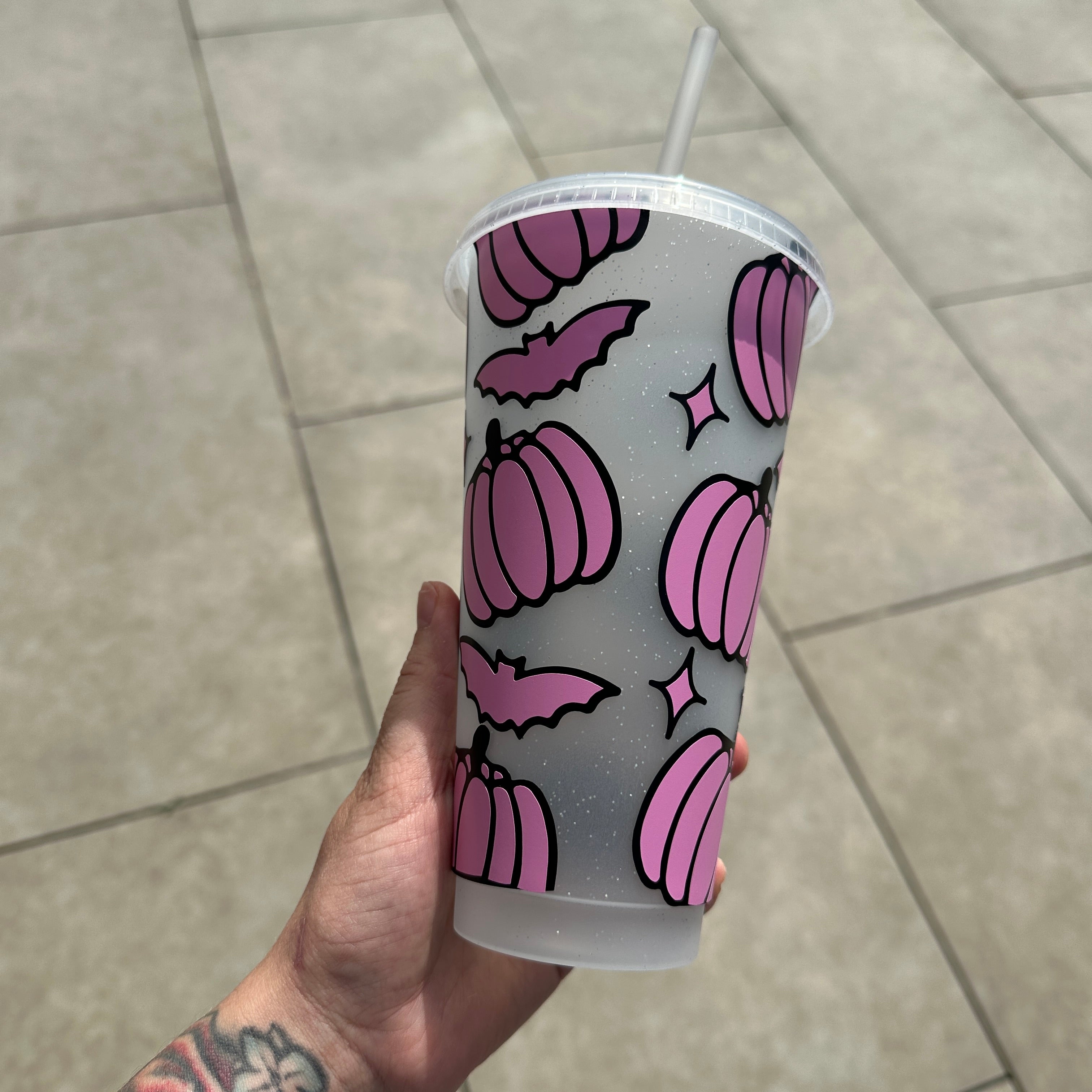 Autumn Halloween Pumpkin Bat Print Tumbler Venti Cold Cup 24oz - With Straw