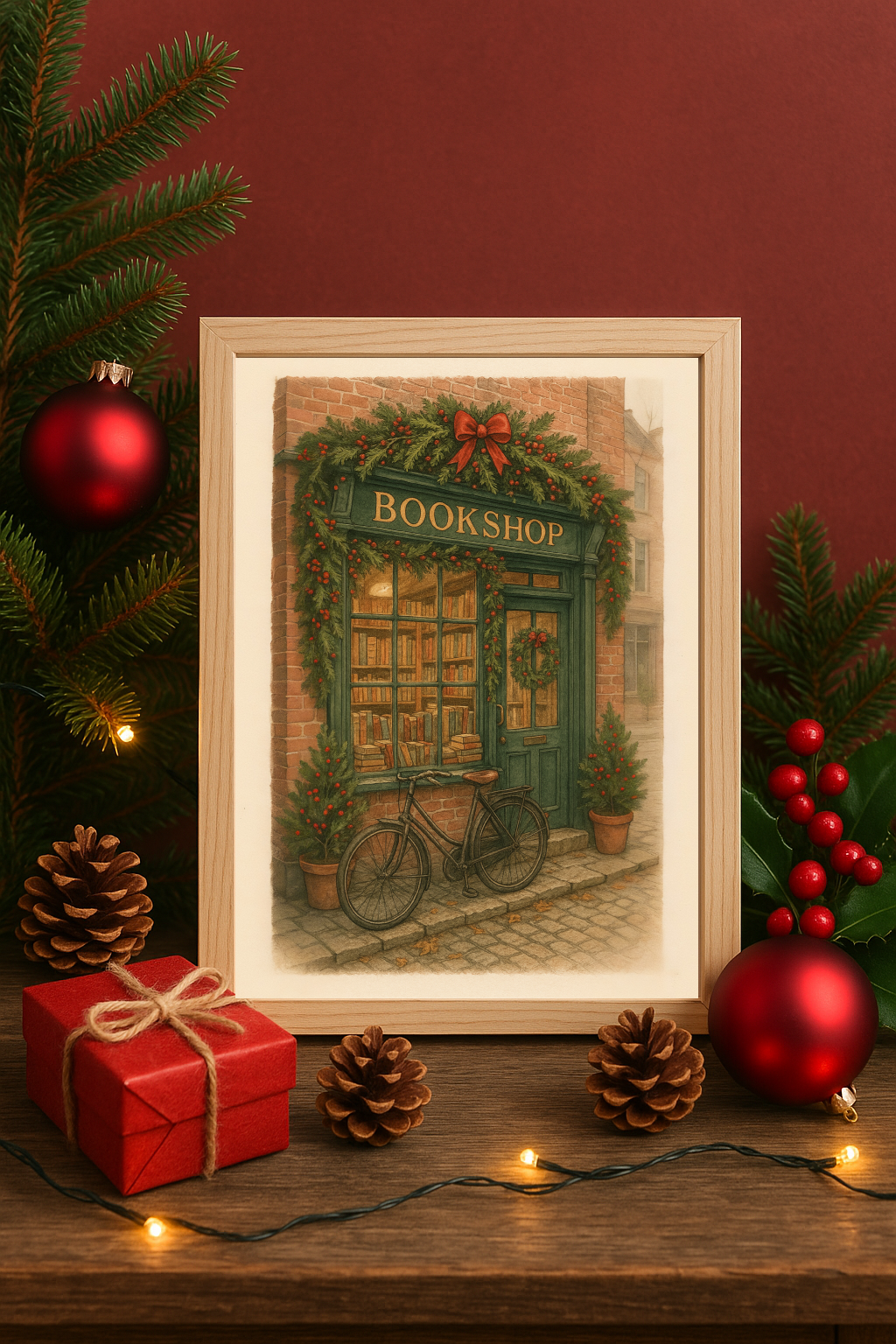 Christmas Traditional Bookshop Wall Art – Vintage Holiday Storefront with Bicycle Print