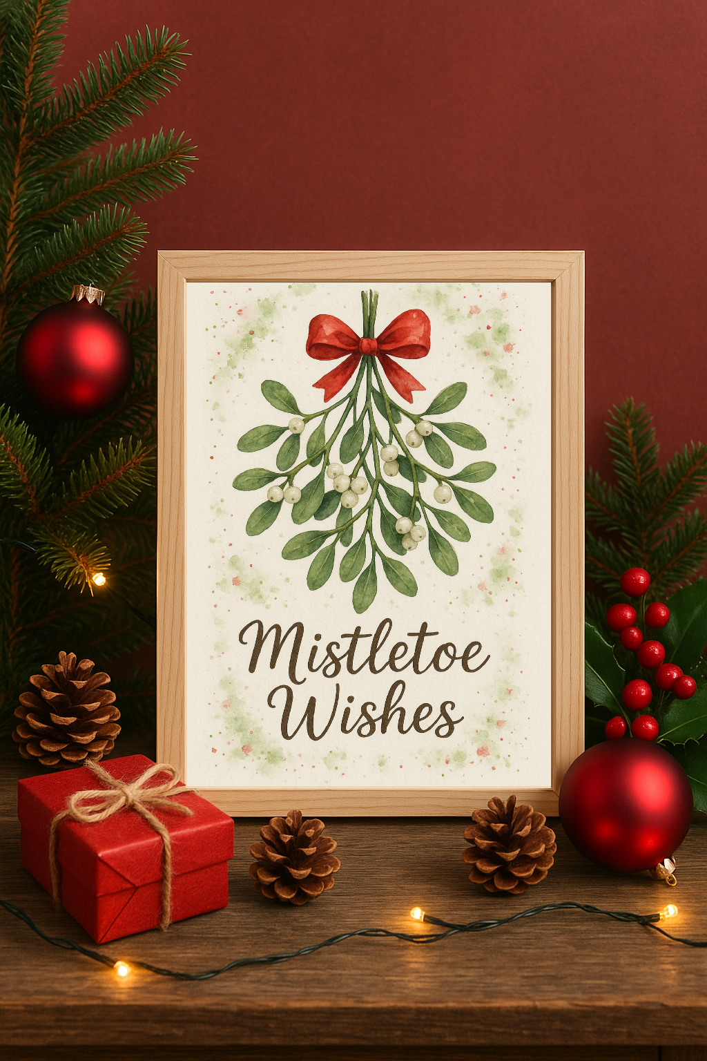 Mistletoe Wishes Wall Art – Festive Greenery with Red Bow Christmas Print