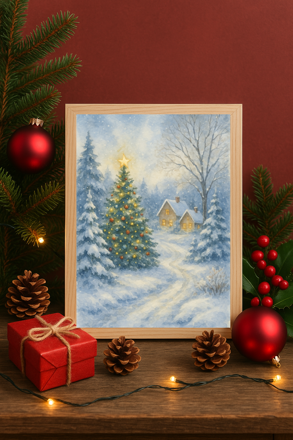 Snowy Holiday Cottage Wall Art – Christmas Tree Winter Wonderland Print