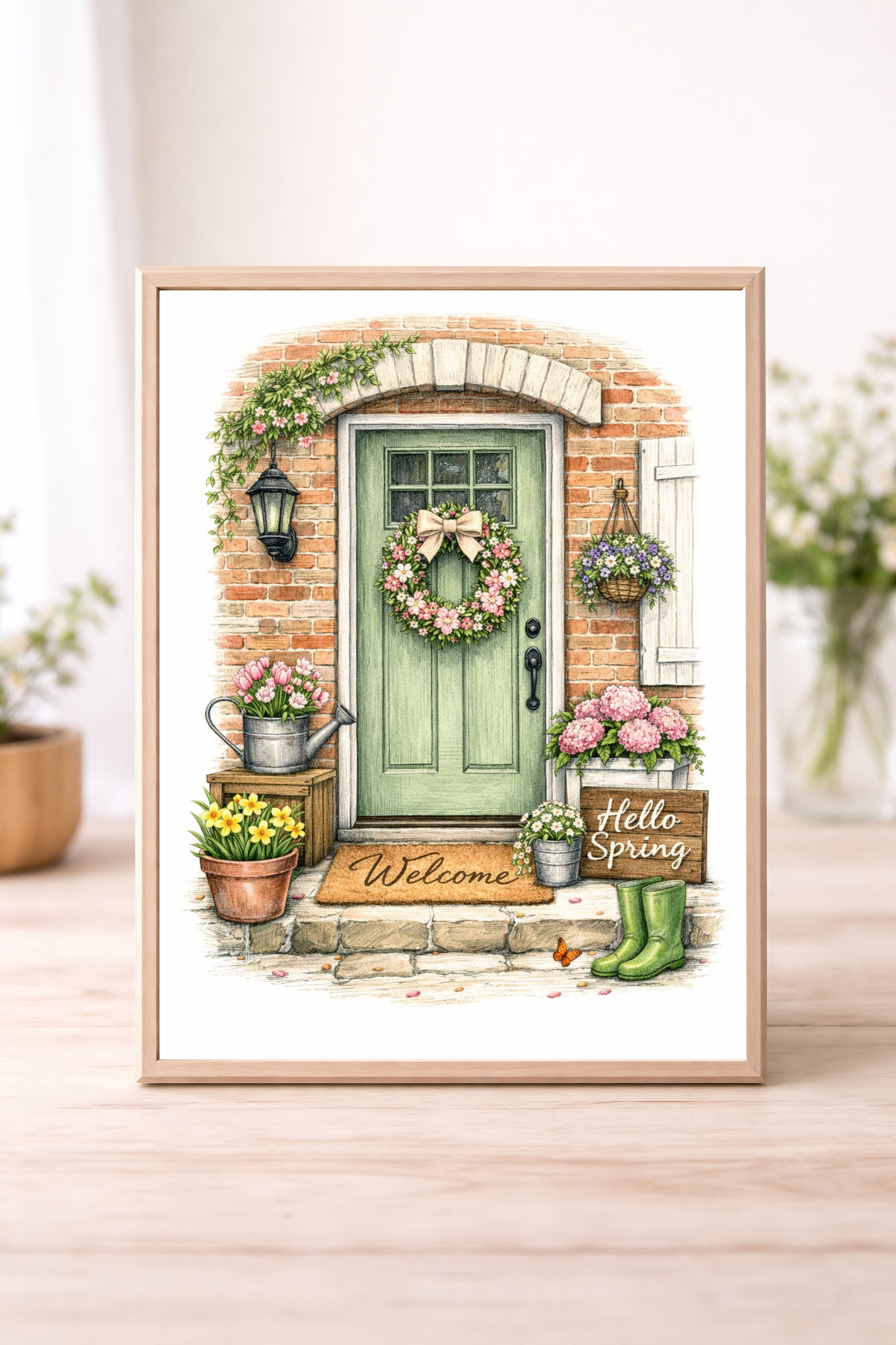 Hello Spring Green Front Door Wall Art – Floral Cottage Entryway Illustration Spring Home Décor Print