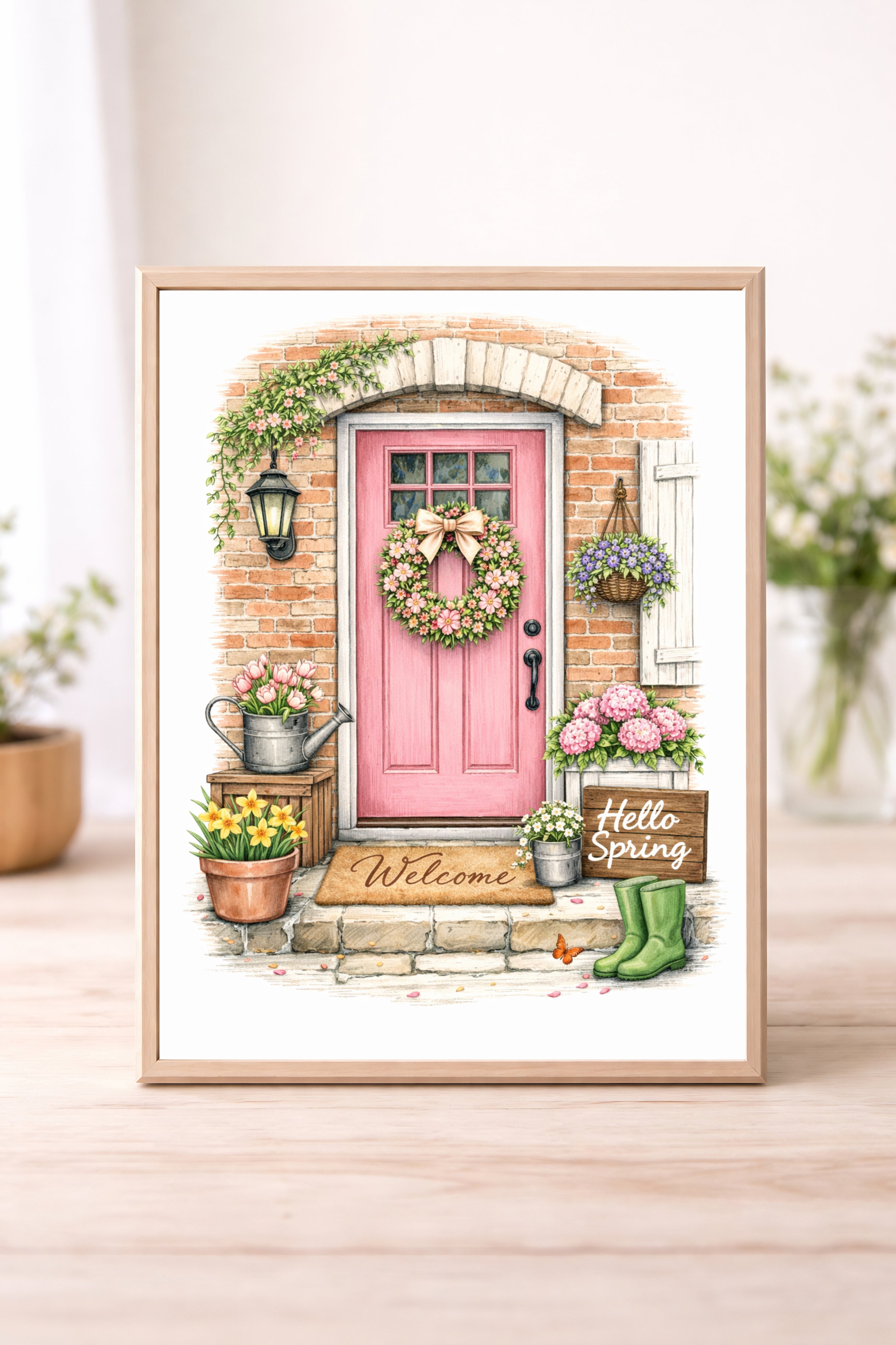 Hello Spring Pink Front Door Wall Art – Floral Cottage Entryway Illustration Spring Home Decor Print