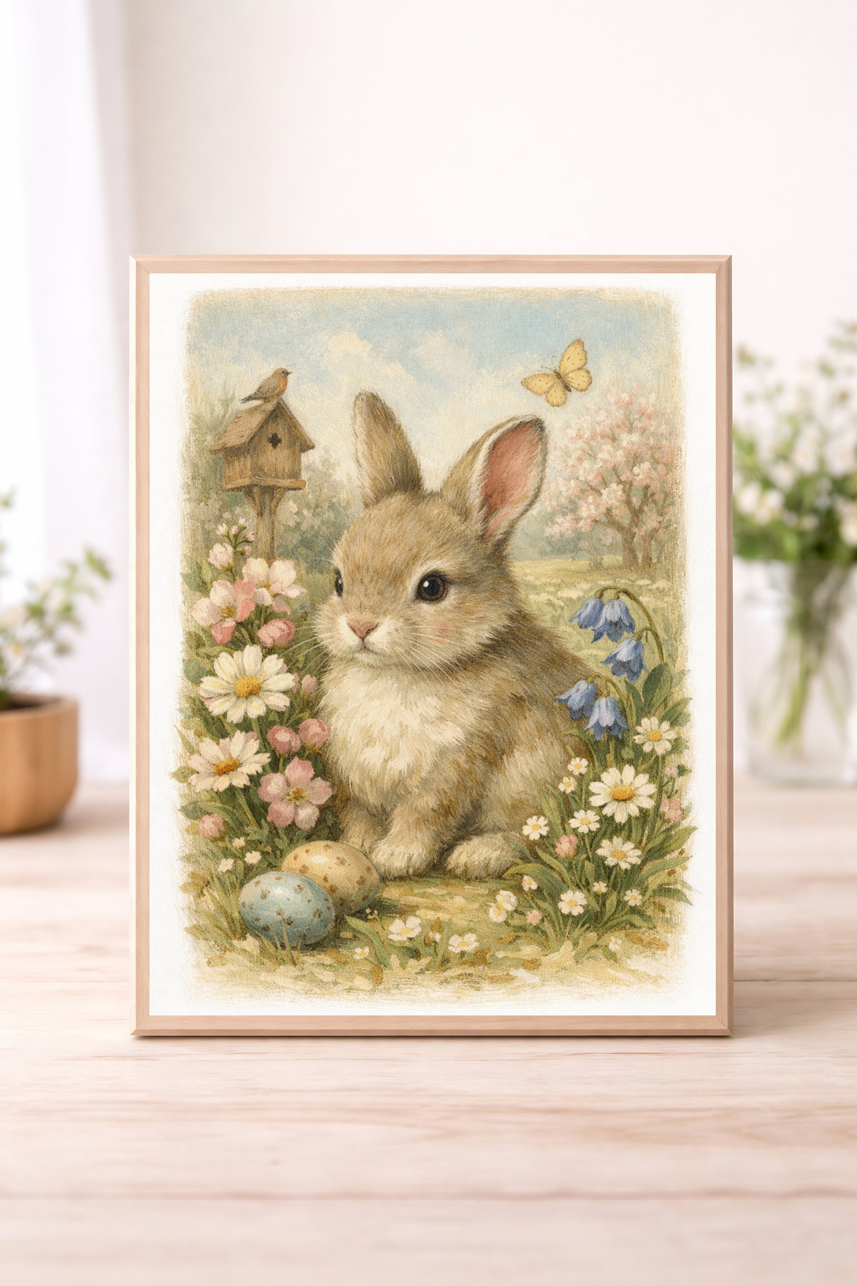 Vintage Bunny Rabbit Wall Art – Spring Woodland Nursery Watercolour Illustration Cottagecore Easter Decor Print