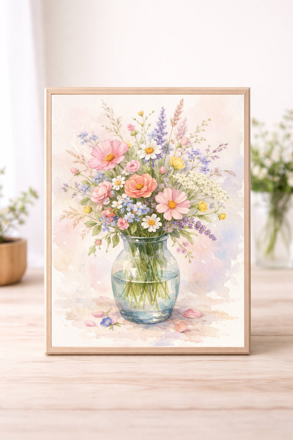 Wildflower Bouquet Wall Art – Soft Pastel Floral Watercolour Print Cottagecore Spring Home Decor