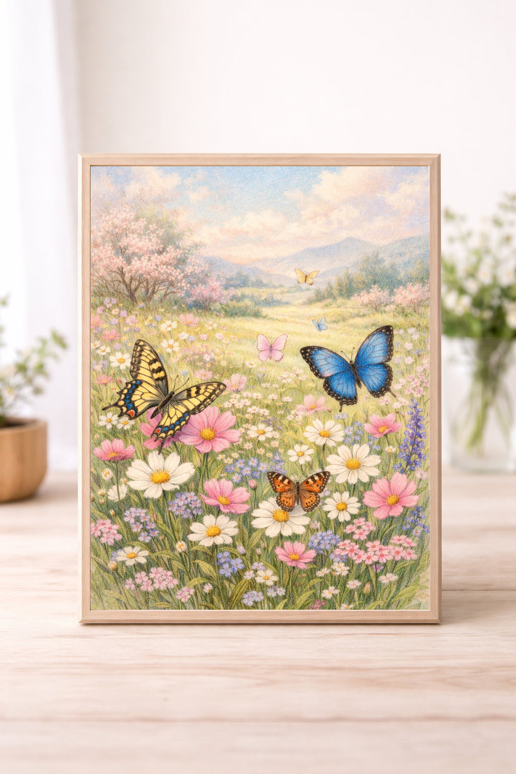 Butterfly Meadow Wall Art – Spring Wildflower Landscape Watercolour Print Cottagecore Nature Home Decor
