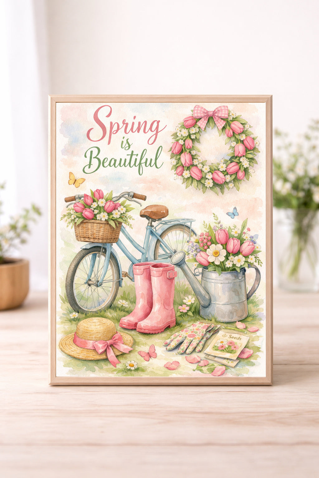 Spring Is Beautiful Wall Art – Floral Bicycle Garden Watercolour Print Cottagecore Spring Home Decor
