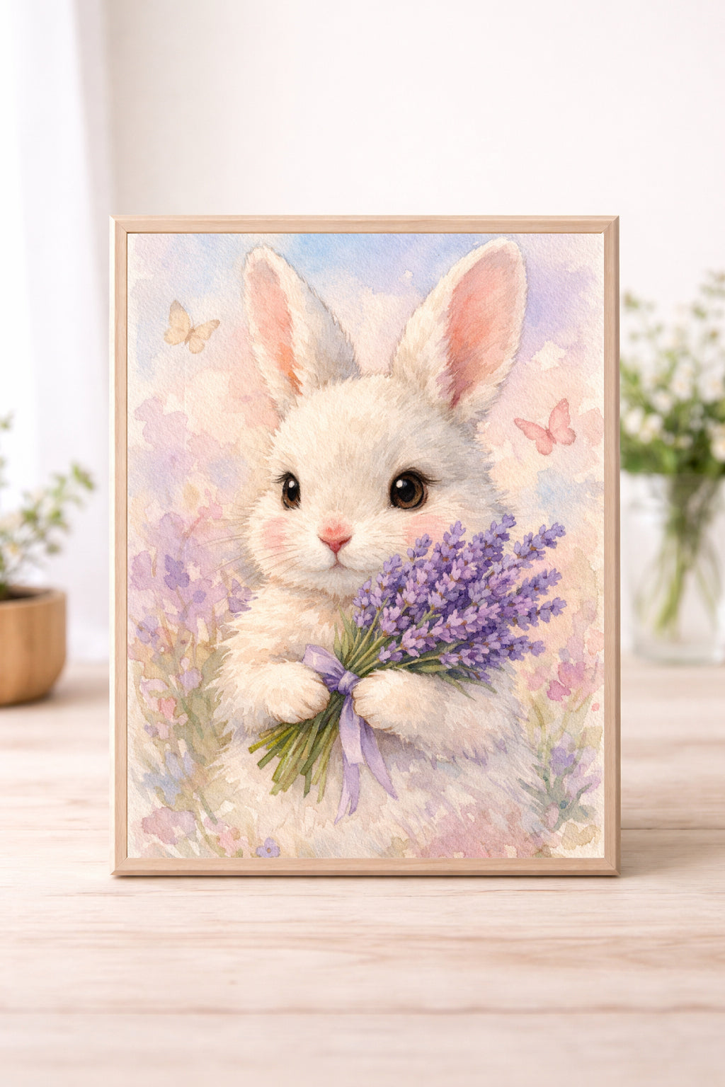 Spring Bunny Wall Art – Cute Rabbit with Lavender Watercolour Print Cottagecore Nursery Spring Decor