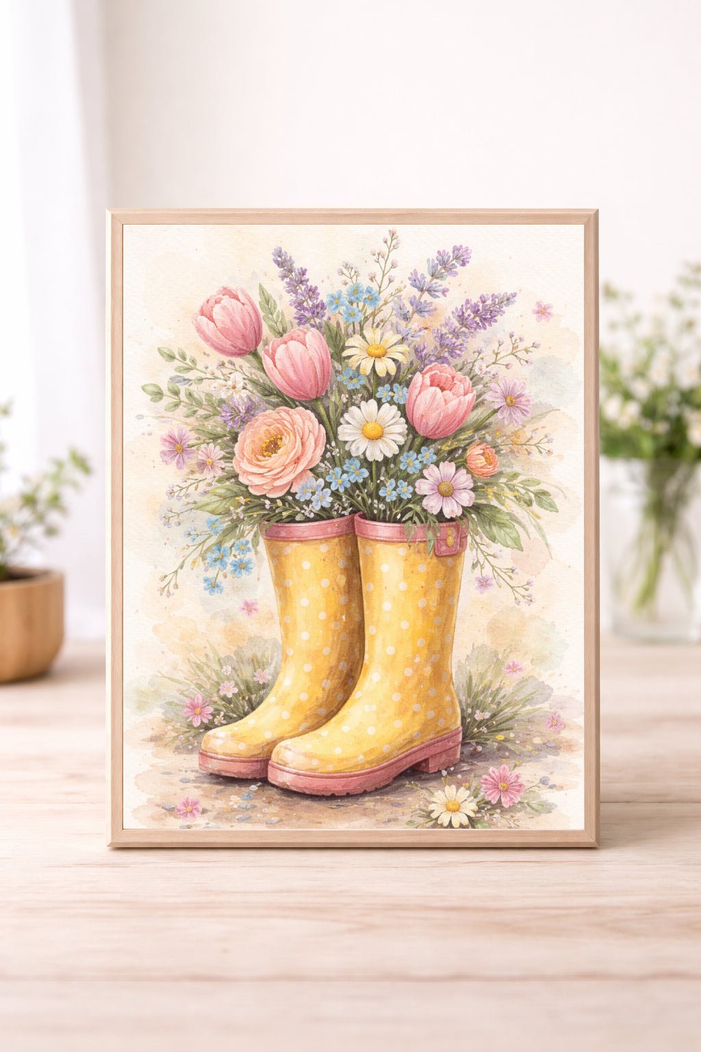 Spring Wellies Wall Art – Yellow Rain Boots with Flowers Watercolour Print Cottagecore Floral Spring Decor