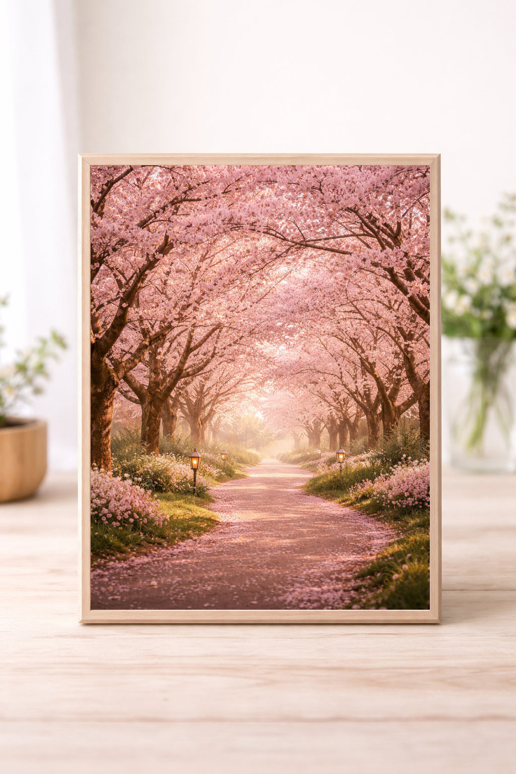 Cherry Blossom Path Wall Art – Pink Sakura Tree Tunnel Landscape Print Soft Romantic Spring Nature Decor