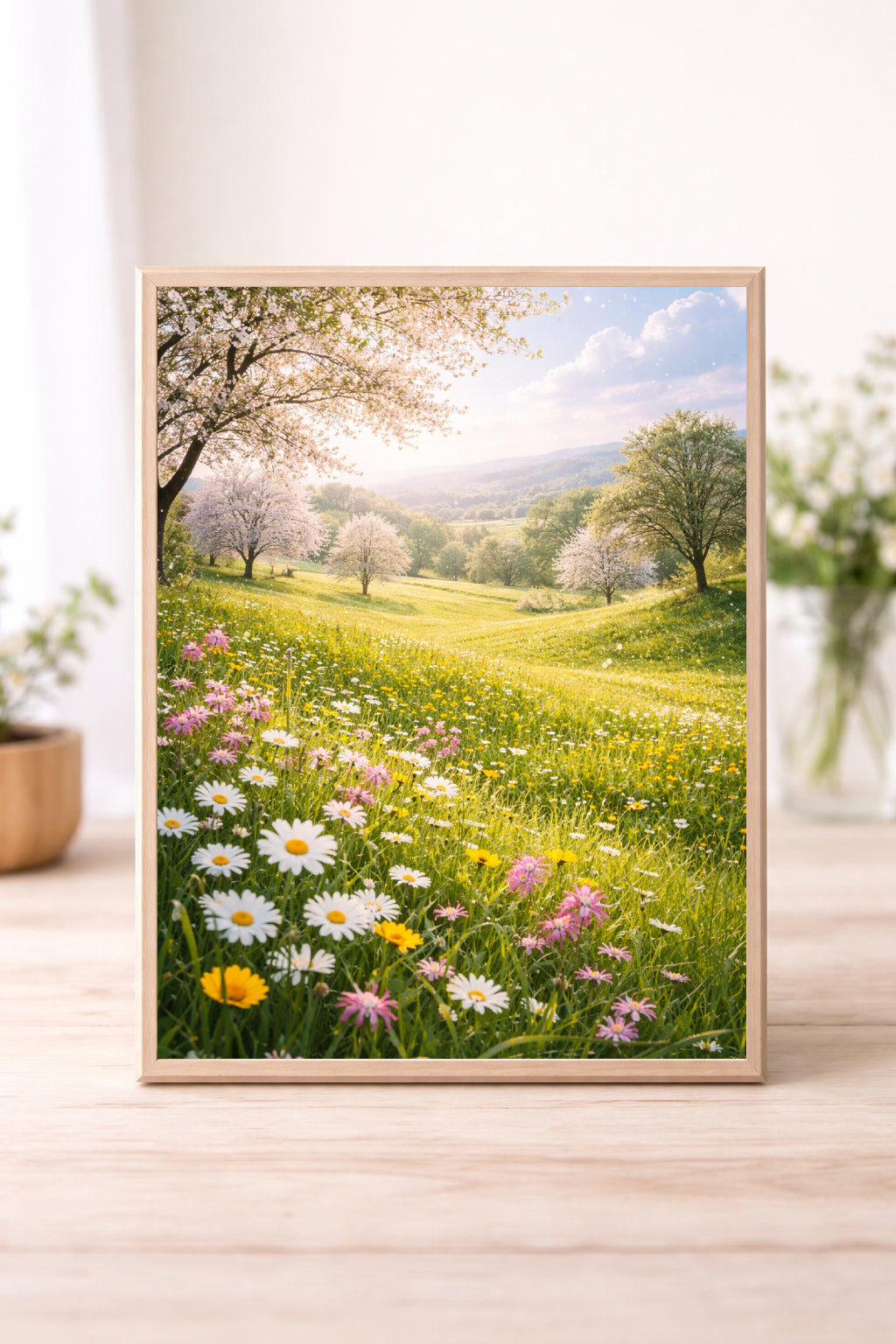 Spring Meadow Wall Art – Wildflower Field Landscape Print, Daisy Blossom Countryside Decor, Soft Cottagecore Nature Artwork