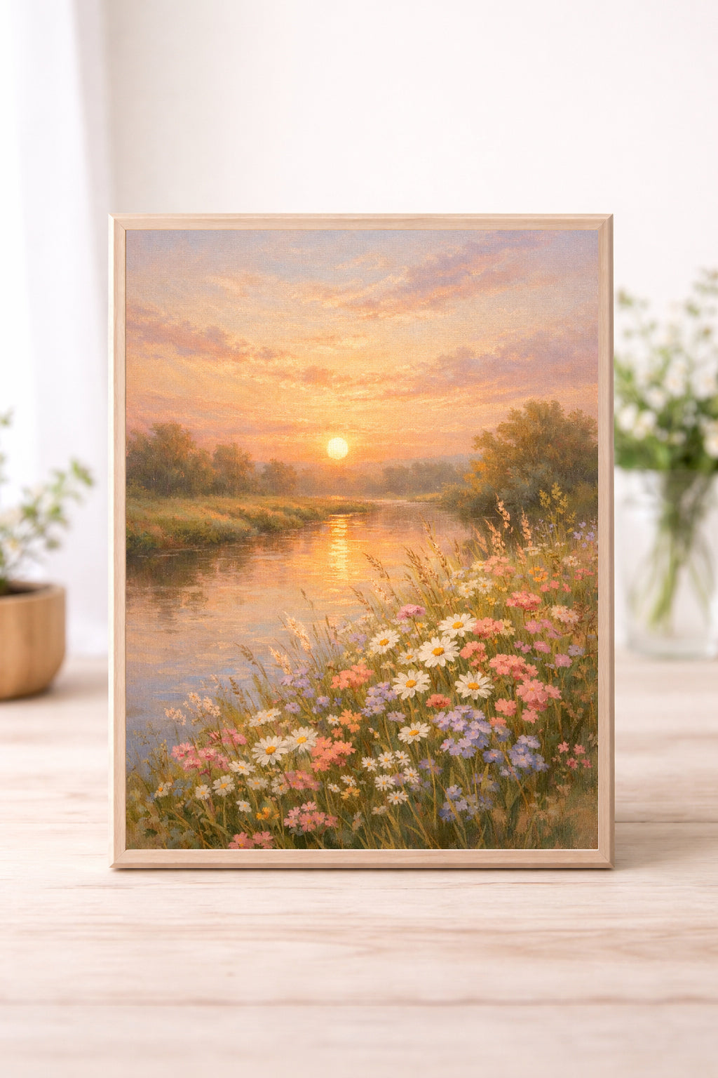 Sunset River Meadow Wall Art – Wildflower Riverside Landscape Print, Golden Hour Countryside Painting, Cottagecore Nature Decor