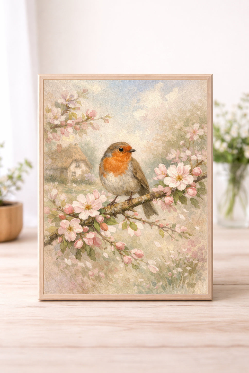 Robin on Blossom Branch Wall Art – Spring Bird Cottagecore Print, Vintage Floral Countryside Decor