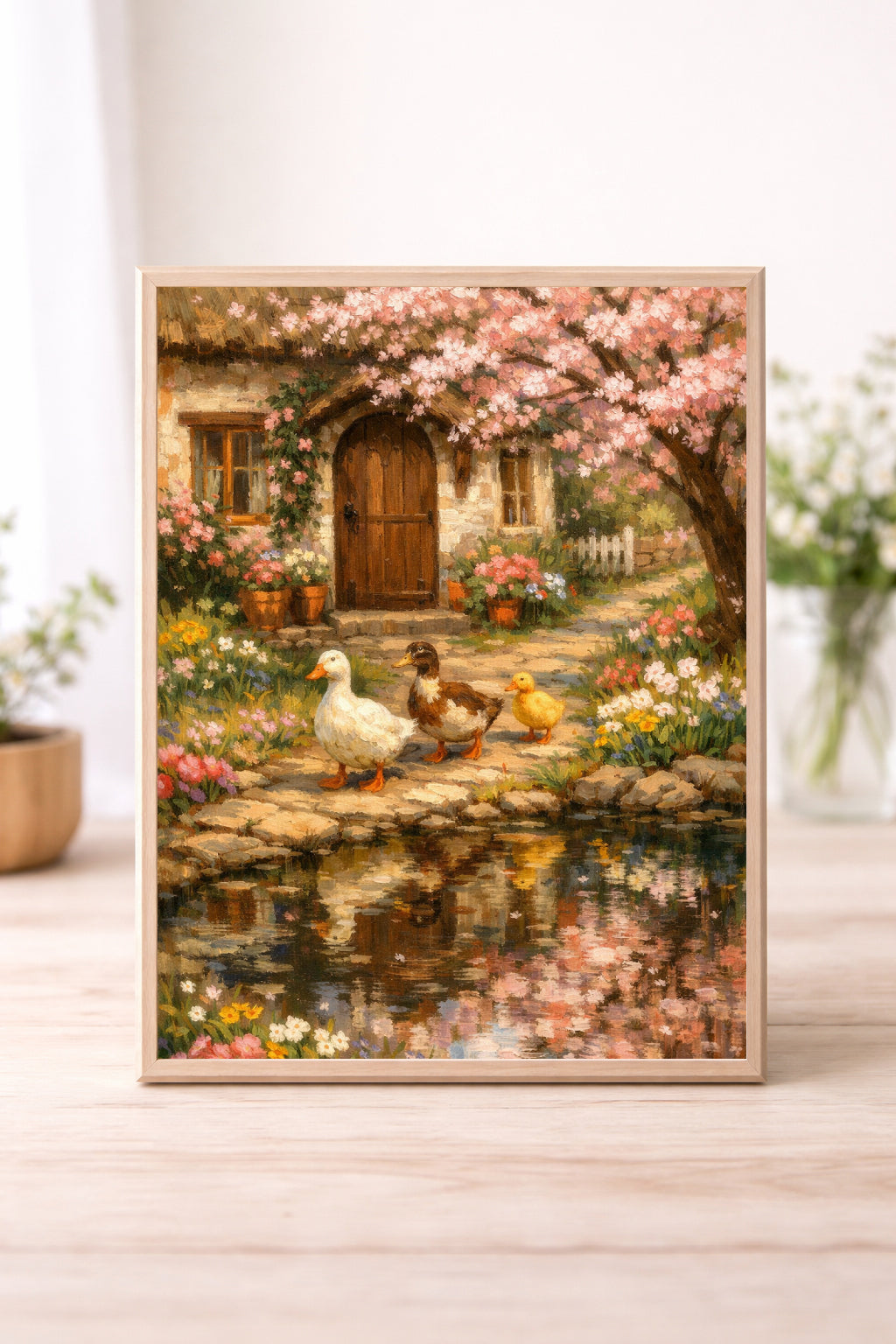 Spring Cottage Ducks Wall Art – Blossom Garden Farmhouse Print, Country Pond Cottagecore Decor