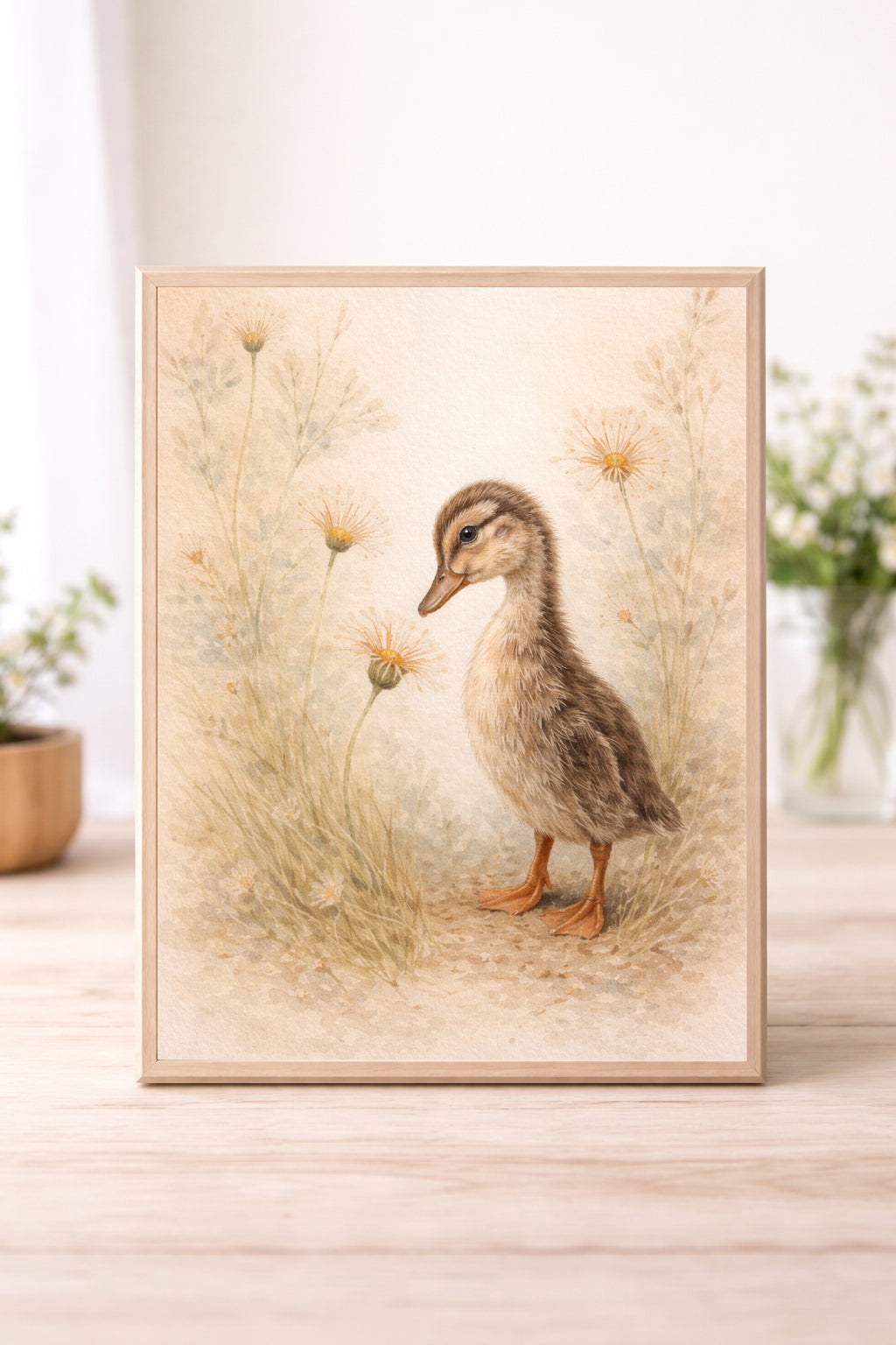 Vintage Duckling Wall Art Print – Neutral Farm Nursery Decor, Cottagecore Baby Animal Illustration