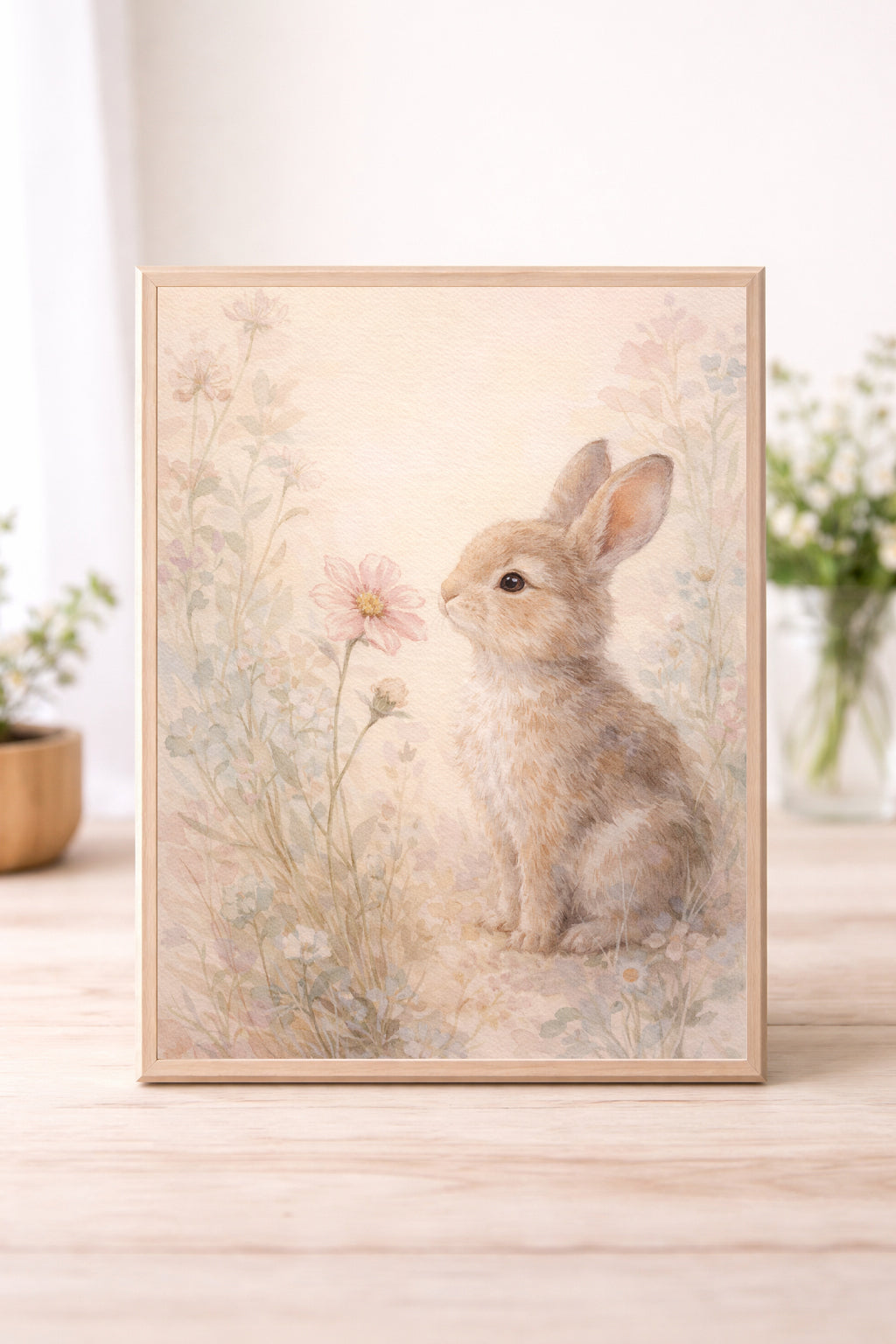 Vintage Bunny Wall Art Print – Neutral Nursery Decor, Soft Cottagecore Rabbit Illustration
