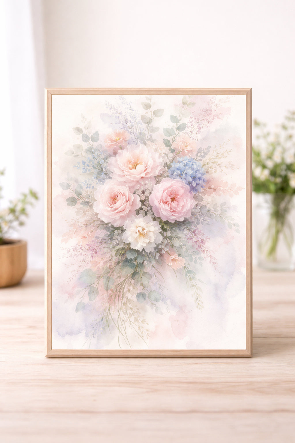 Blush Pink Floral Bouquet Wall Art – Soft Pastel Watercolor Roses Print, Romantic Cottagecore Decor