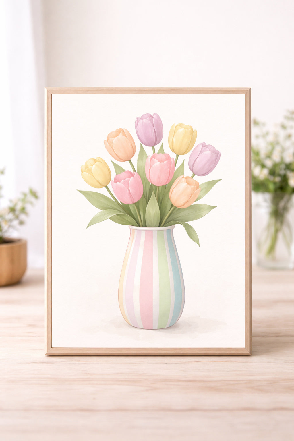 Pastel Tulip Bouquet Wall Art – Spring Floral Vase Print, Soft Cottagecore Nursery Decor
