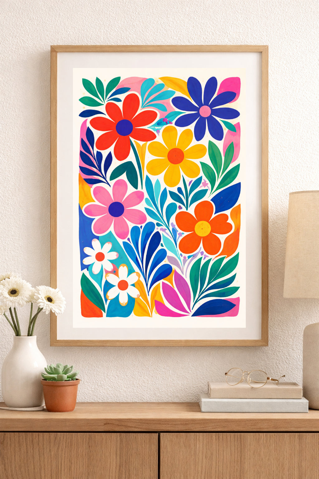 Vibrant Folk Floral Wall Art Print – Colourful Scandinavian Botanical Decor, Modern Retro Flower Poster