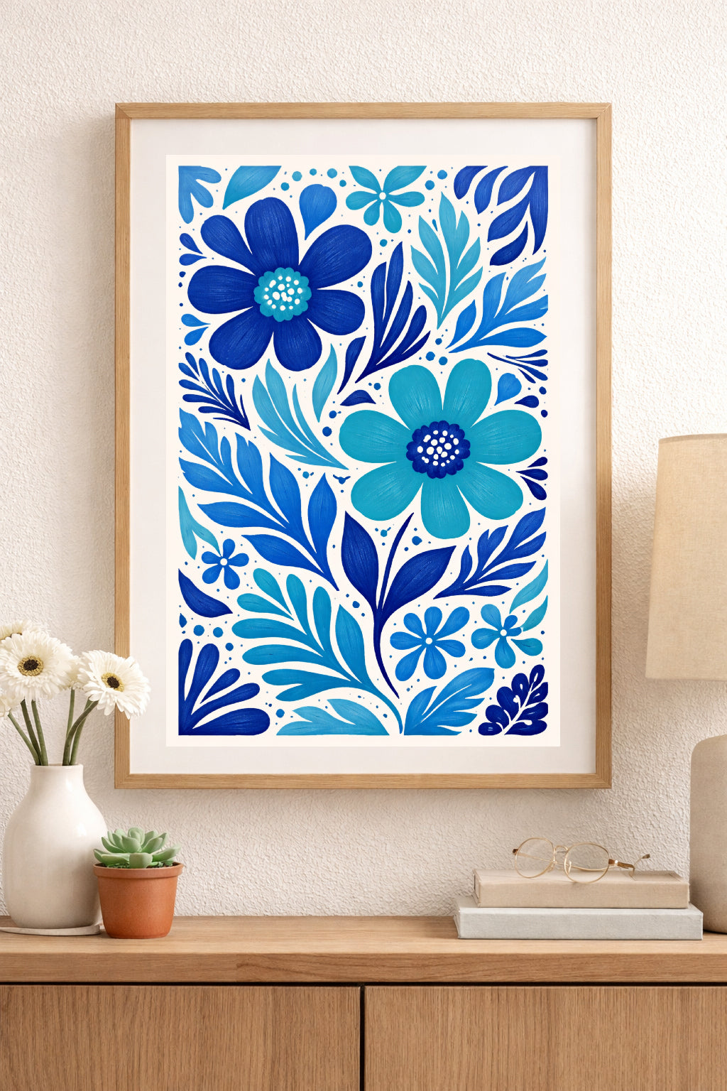Blue Scandinavian Floral Wall Art Print – Nordic Folk Flower Poster, Modern Botanical Decor