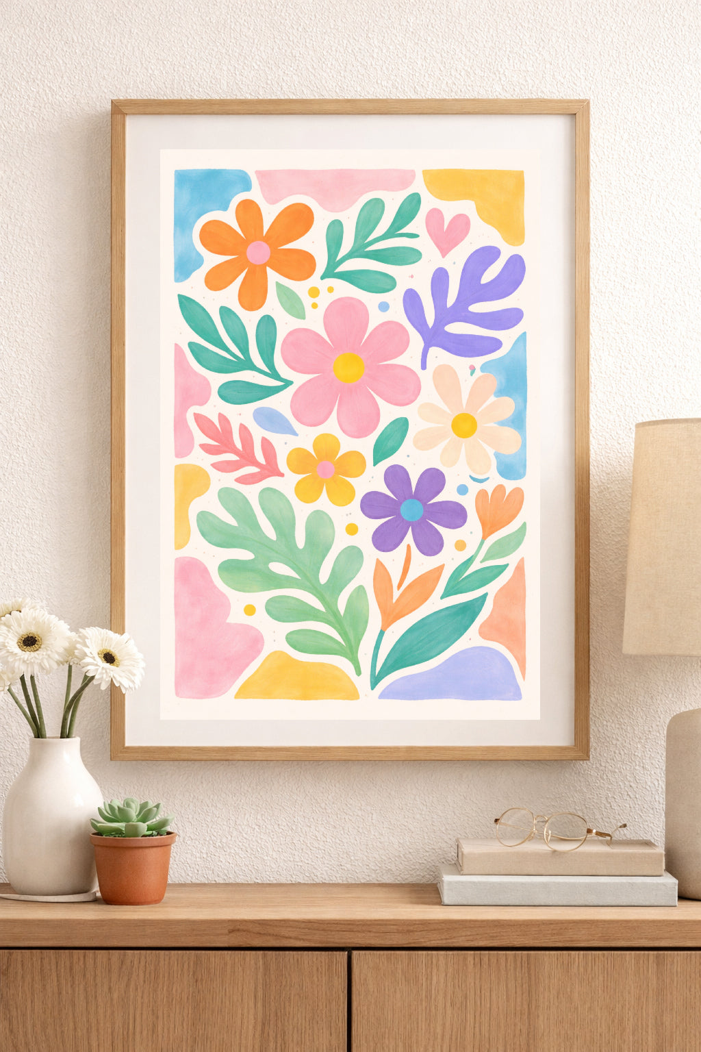 Pastel Scandinavian Floral Wall Art Print – Colourful Nordic Folk Flower Poster, Modern Botanical Decor