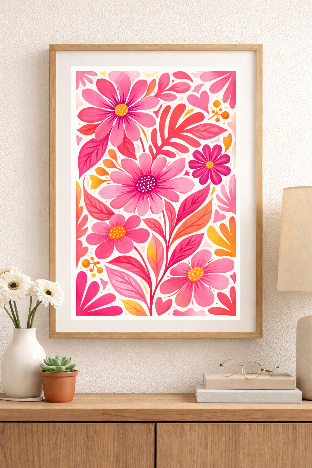 Hot Pink Scandinavian Floral Wall Art Print – Bold Nordic Folk Flower Poster, Vibrant Botanical Decor