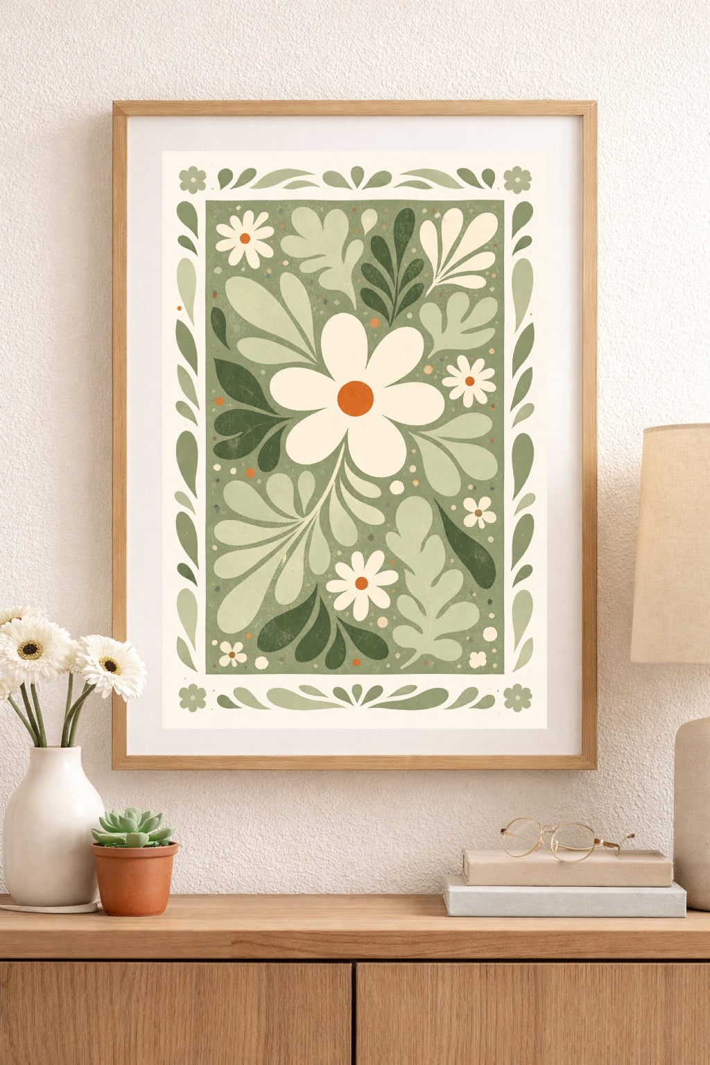 Sage Green Scandinavian Floral Wall Art – Nordic Folk Flower Print, Vintage Botanical Poster, Minimalist Cottage Decor