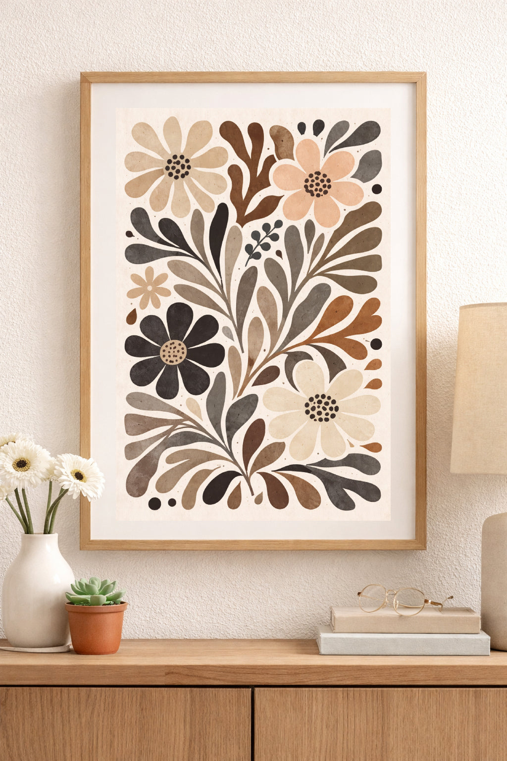 Neutral Scandinavian Floral Wall Art – Beige & Brown Nordic Folk Print, Minimalist Botanical Poster, Modern Farmhouse Decor