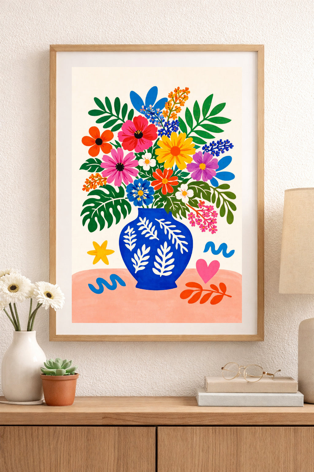 Vibrant Folk Floral Wall Art – Colorful Scandinavian Vase Print, Bold Botanical Poster, Modern Nordic Decor