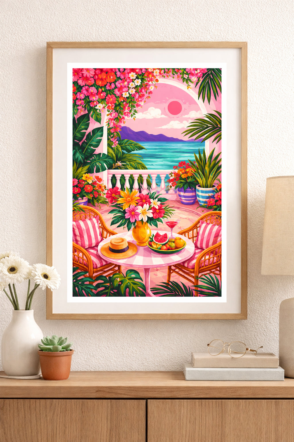 Tropical Sunset Balcony Wall Art – Pink Mediterranean Terrace Print, Coastal Floral Paradise Poster, Summer Vacation Decor