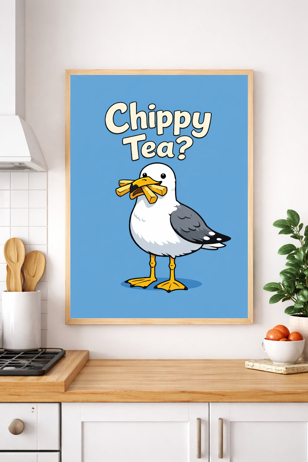 Chippy Tea Seagull Wall Art – Funny British Kitchen Print, Coastal Food Pun Poster, Fish & Chips Humour Decor