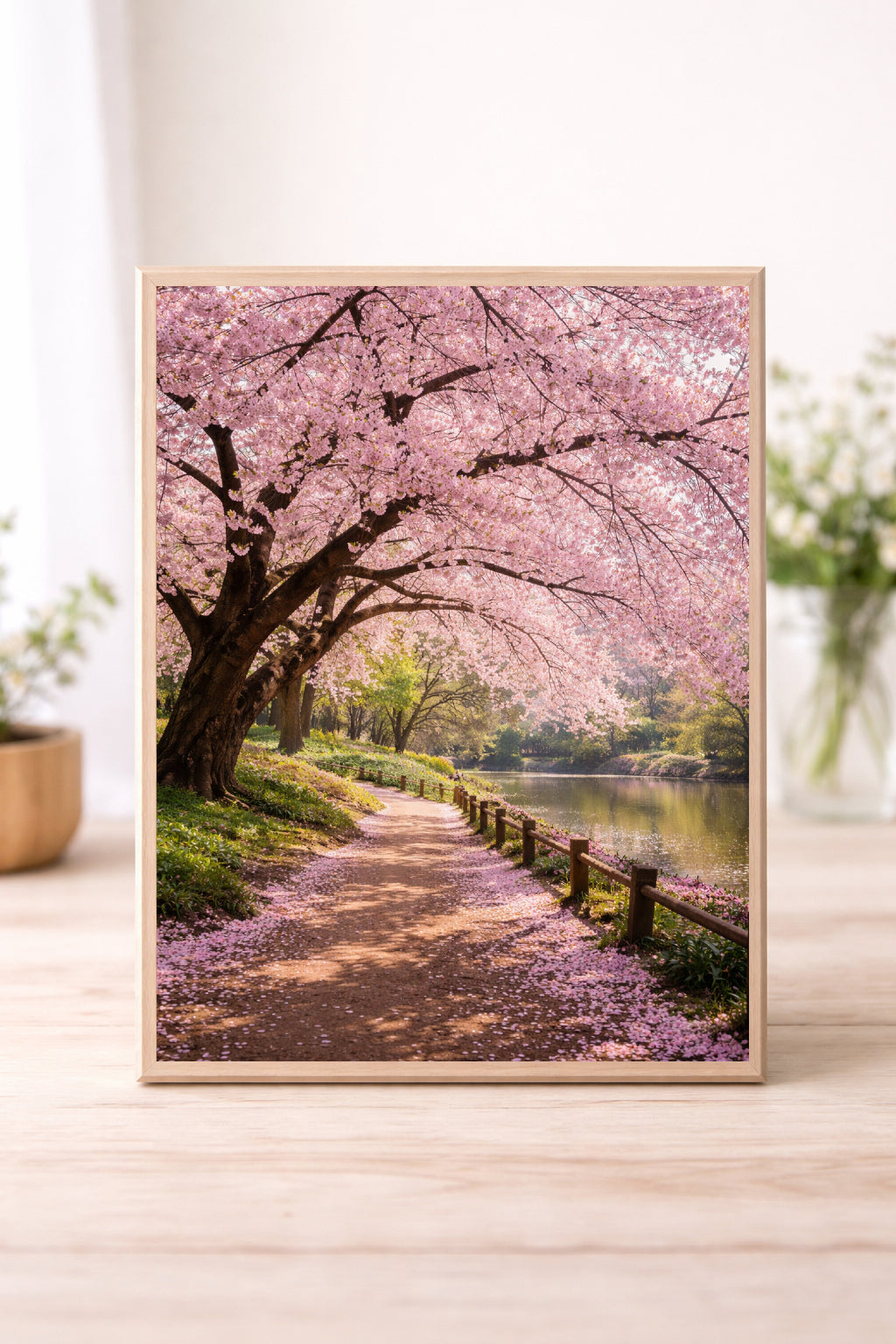 Cherry Blossom Path Wall Art – Pink Sakura Tree Landscape Print, Peaceful Spring Nature Poster, Japanese Inspired Decor