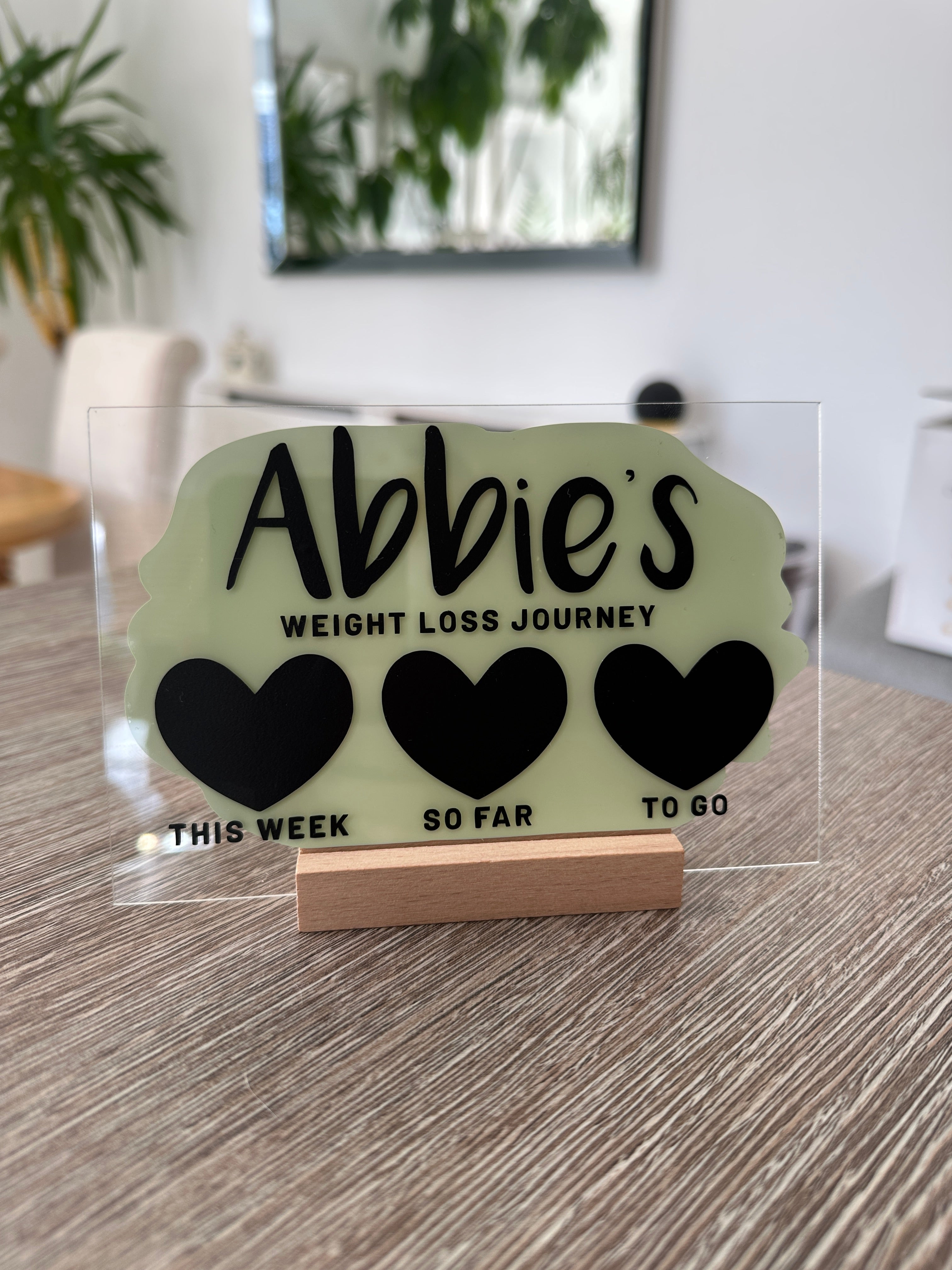 Personalised Name 10x15cm Clear Acrylic Weight Loss Journey Slimming Couting Tracker Sign With Wooden Base & Drywipe Pen