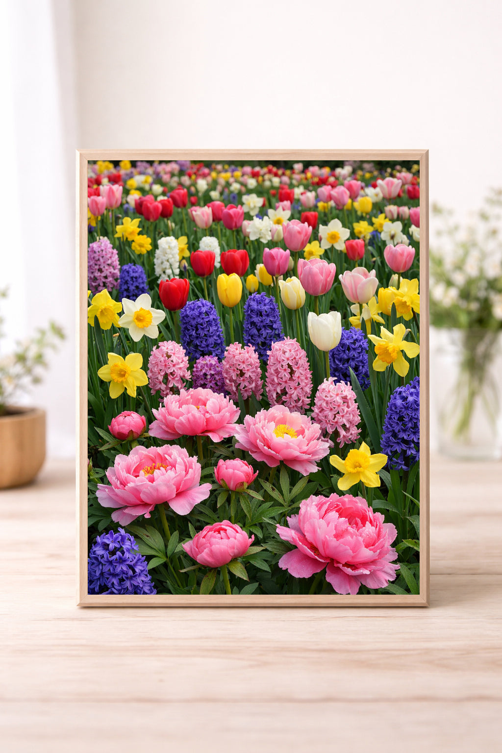 Spring Flower Garden Wall Art – Tulip, Peony & Hyacinth Print, Colourful Botanical Landscape Poster