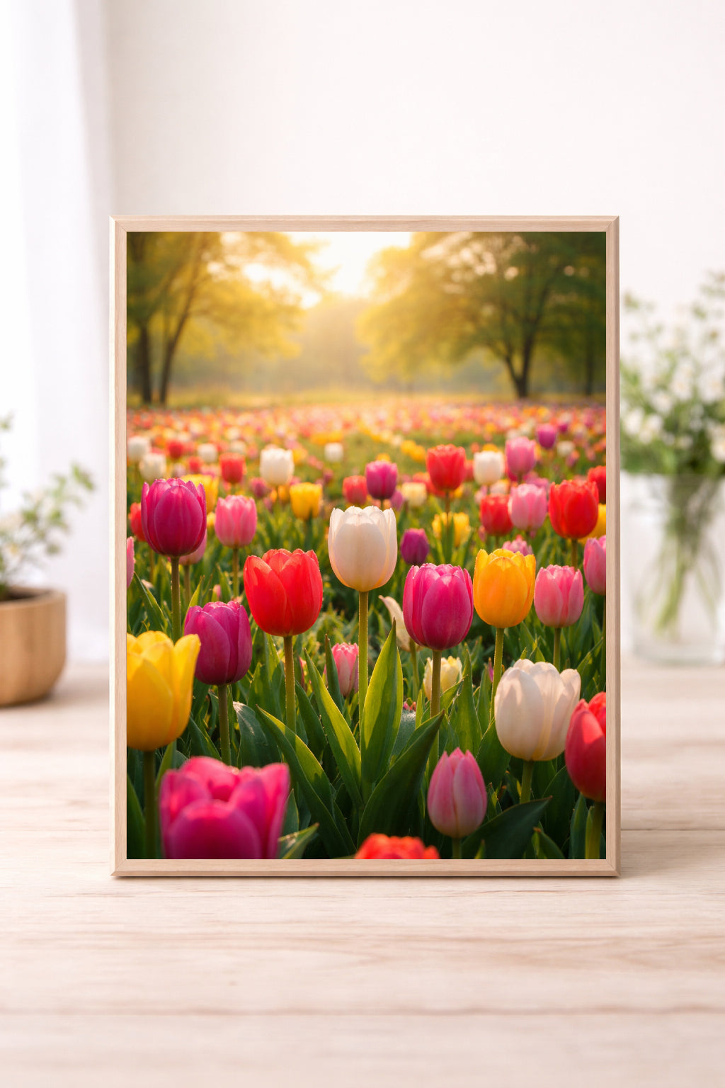Sunset Tulip Field Wall Art – Colourful Spring Flower Landscape Print, Golden Hour Botanical Photography Decor