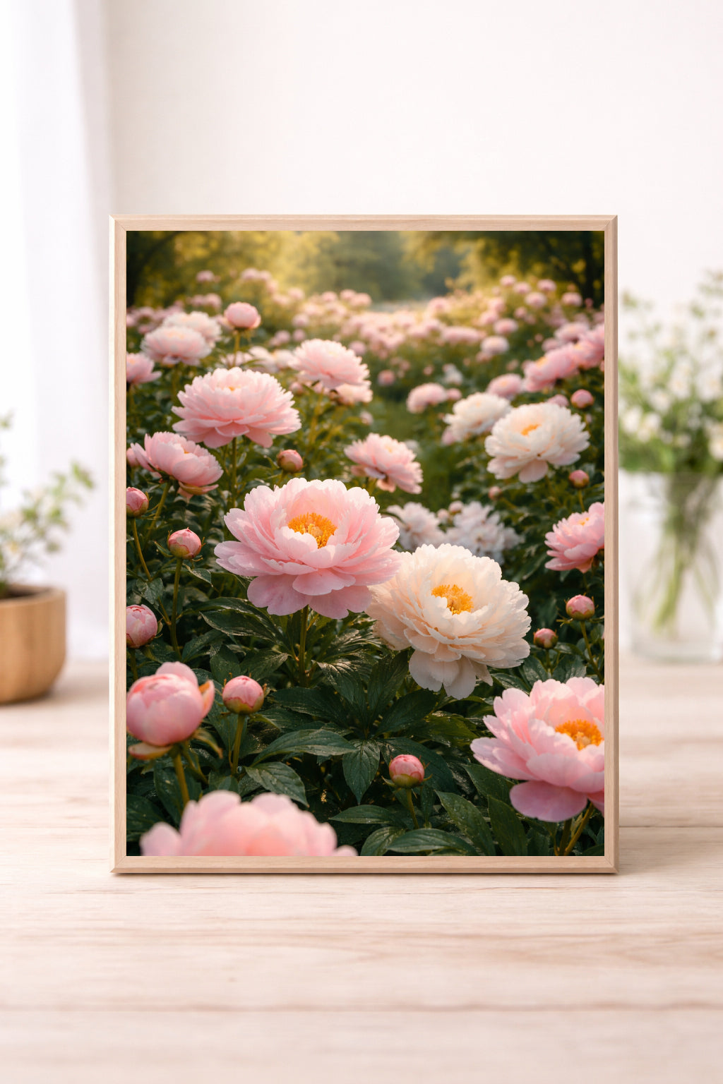 Blush Peony Garden Wall Art – Soft Pink Floral Photography Print, Romantic Spring Flower Landscape Decor