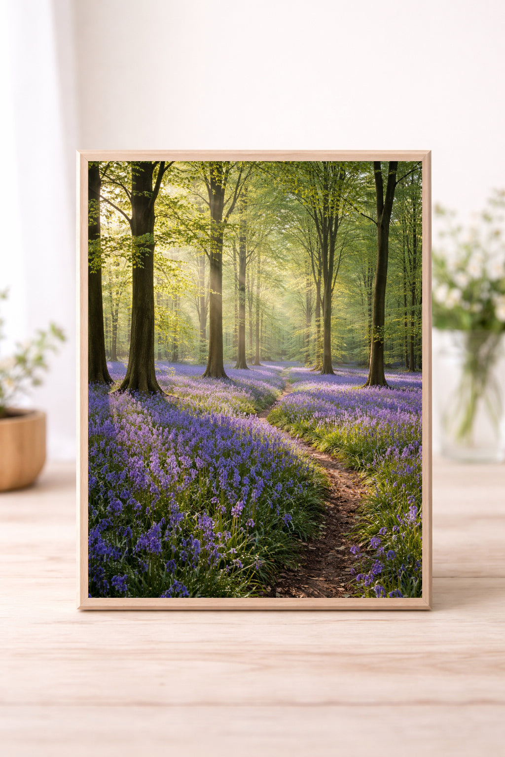 Bluebell Forest Path Wall Art – Enchanted Spring Woodland Landscape Print, Sunlit Nature Photography Decor
