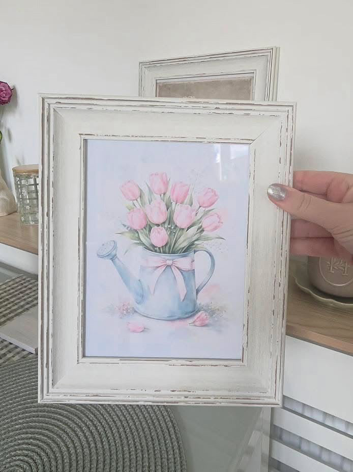 Pink Tulips in Watering Can Wall Art – Soft Watercolour Floral Spring Home Decor Print