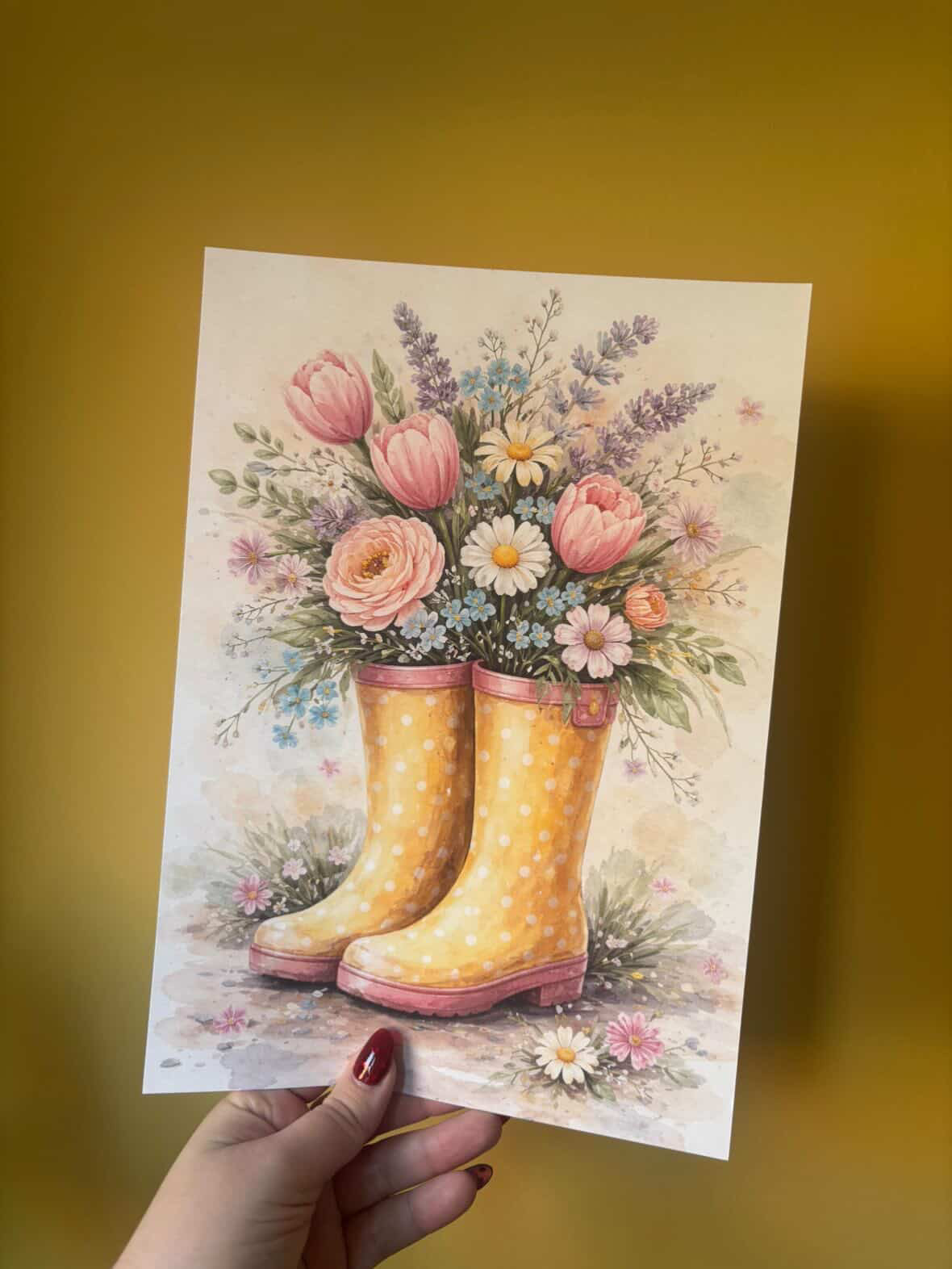 Spring Wellies Wall Art – Yellow Rain Boots with Flowers Watercolour Print Cottagecore Floral Spring Decor