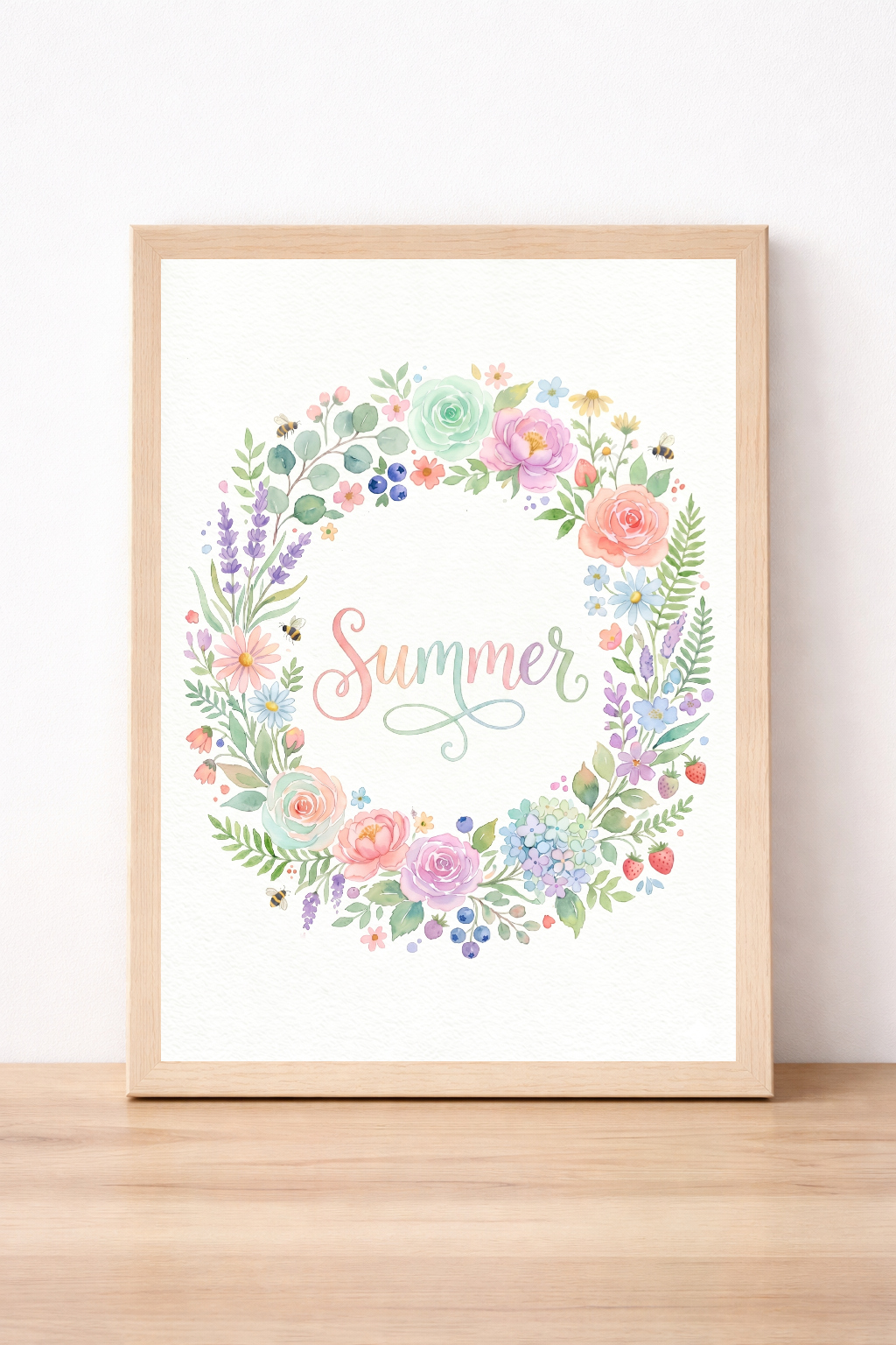 Summer Floral Wreath Wall Art Pastel Watercolour Botanical Print Seasonal Home Decor