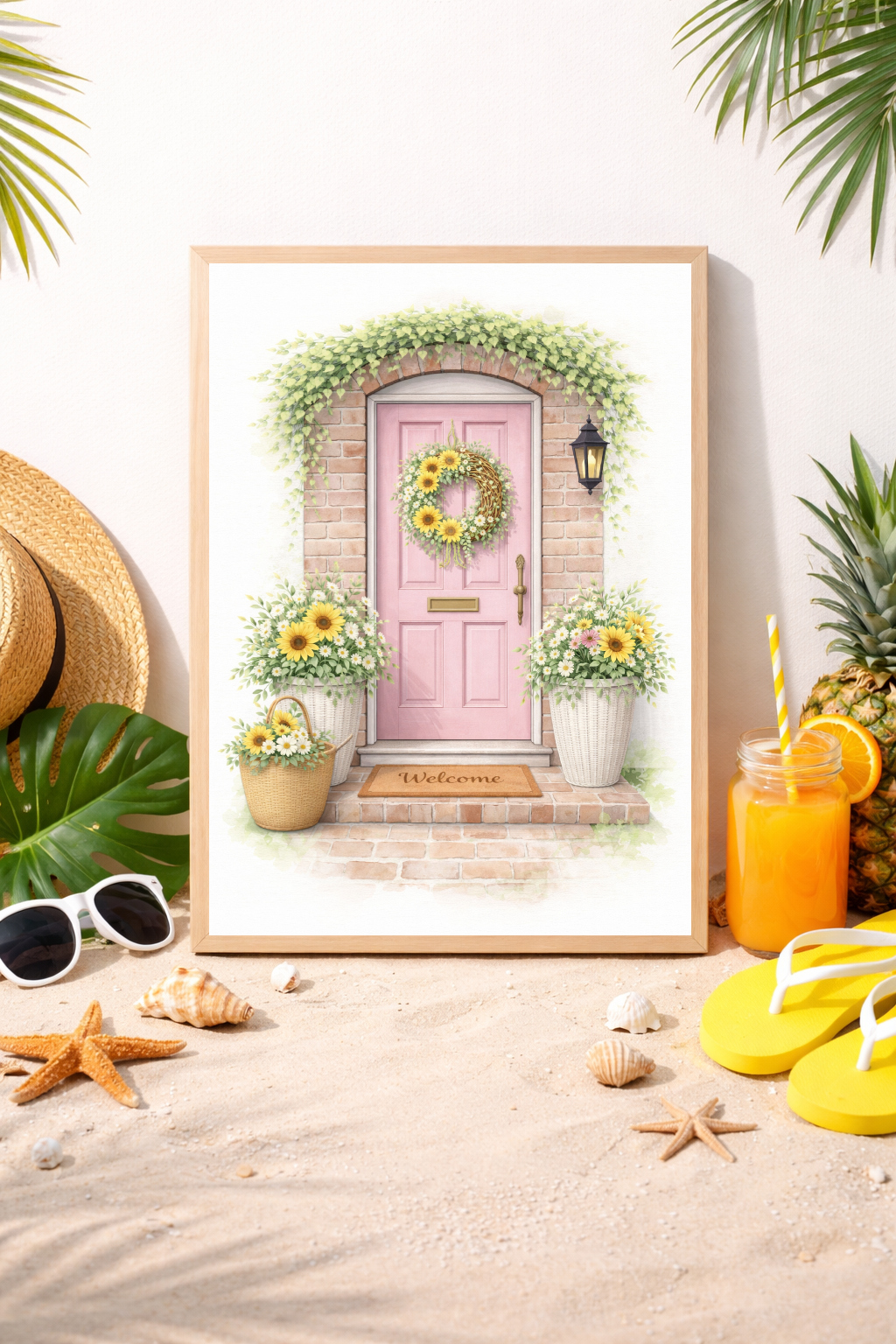 Pink Door Summer Cottage Door Wall Art – Rustic Sunflower Entrance Print, Farmhouse Decor, Country Home Illustration