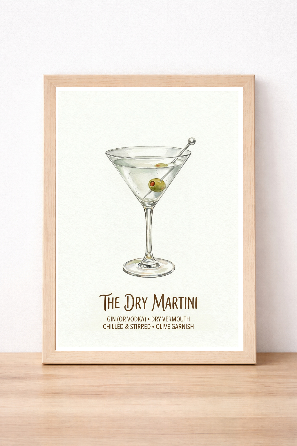 The Dry Martini Alcohol Print, Classic Cocktail Illustration, Home Bar Decor, Vintage Style Art