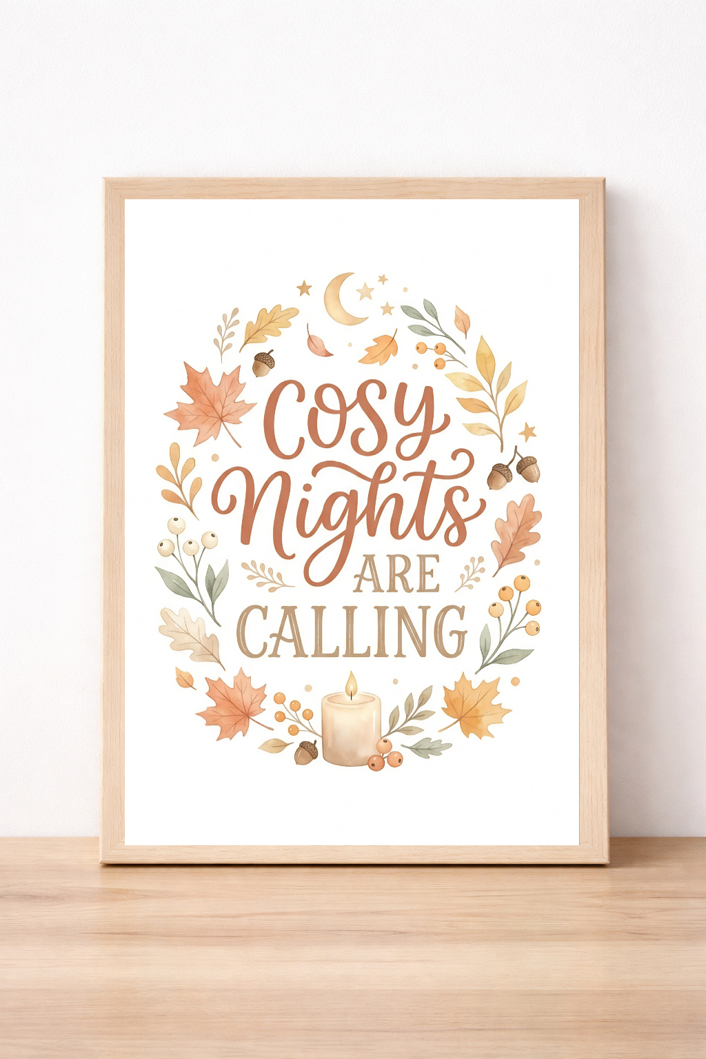 Cosy Nights Are Calling Autumn Wall Art, Rustic Candle And Leaves Print, Seasonal Home Decor
