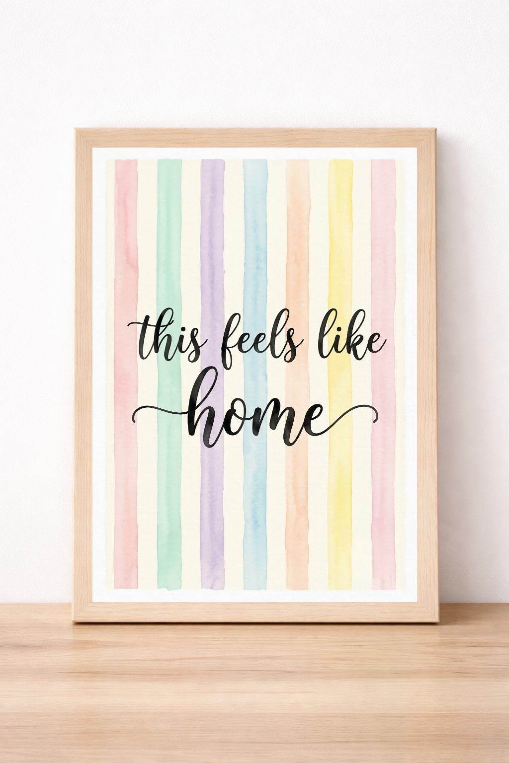 This Feels Like Home Wall Art, Pastel Striped Print, Watercolour Typography Decor, Modern Home Illustration