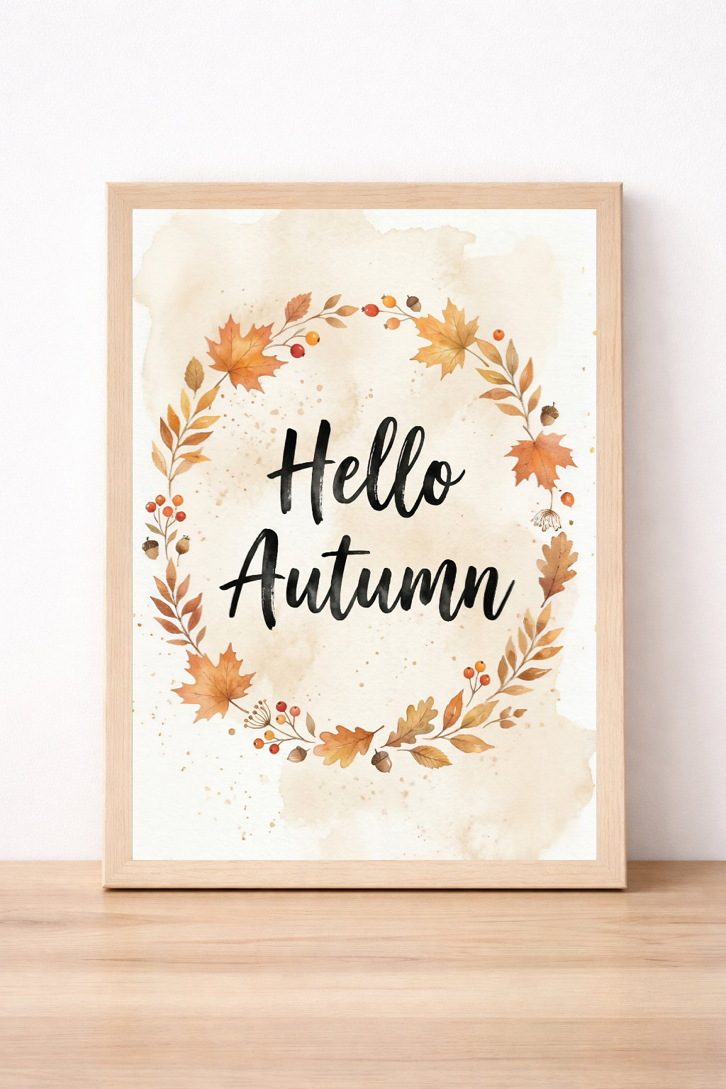 Hello Autumn Wall Art, Watercolour Leaf Wreath Print, Seasonal Home Decor, Rustic Fall Illustration
