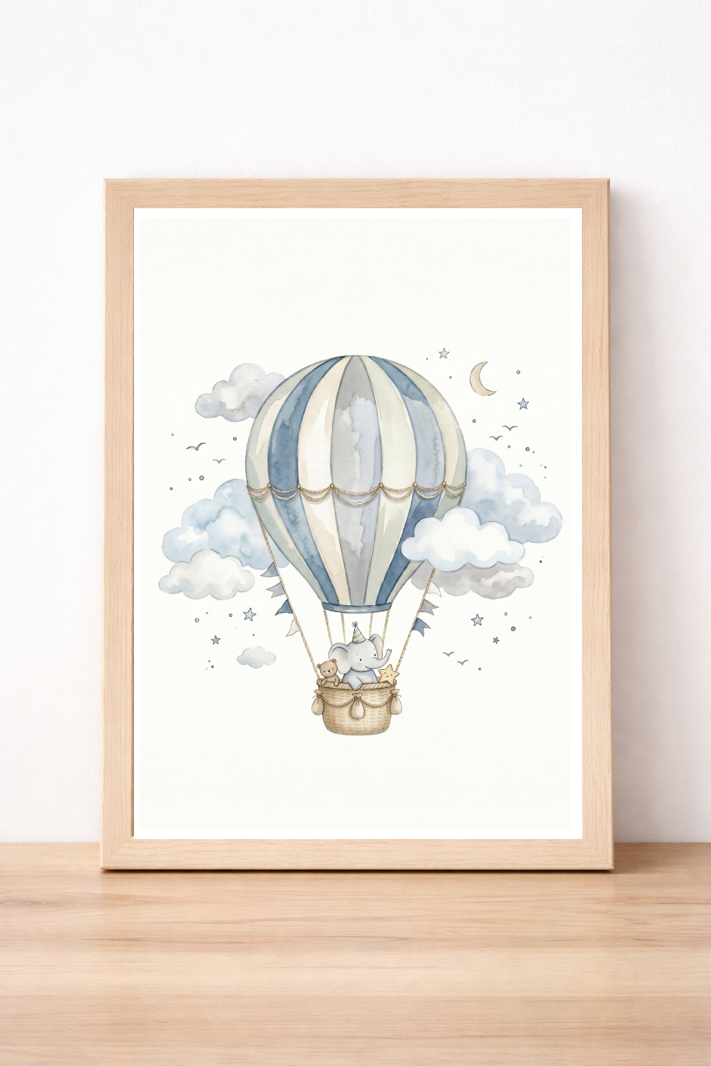 Blue And Grey Hot Air Balloon Children's Print, Whimsical Nursery Wall Art, Dreamy Sky Adventure Decor