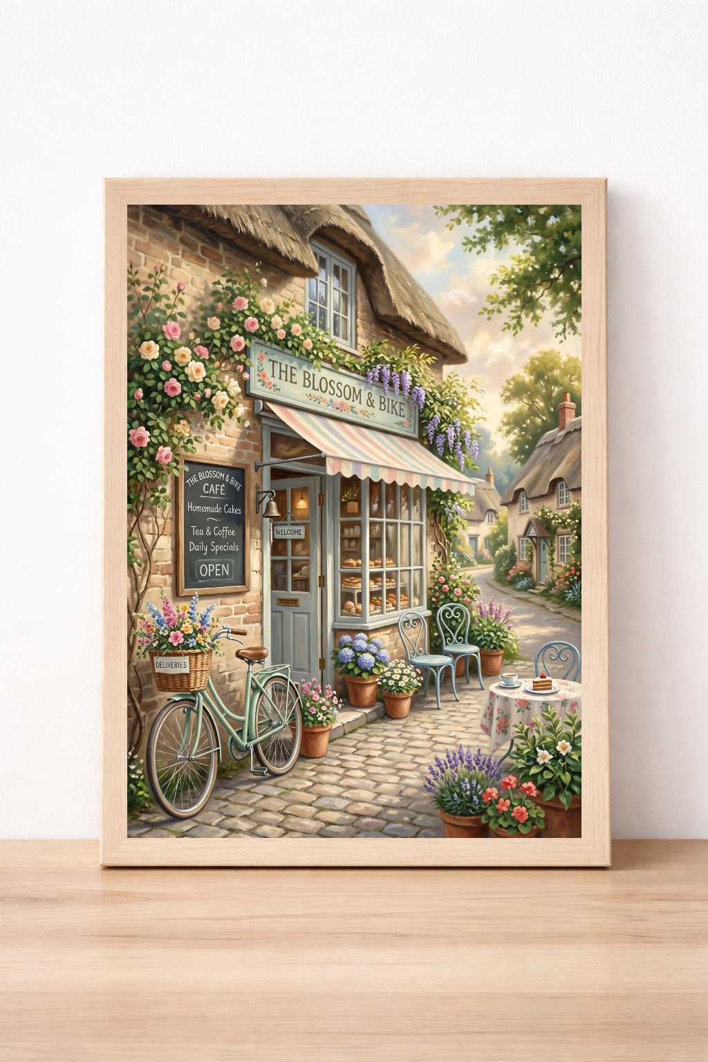 Cottage Garden Cafe Wall Art, Summer Village Scene Print, Rustic Countryside Decor