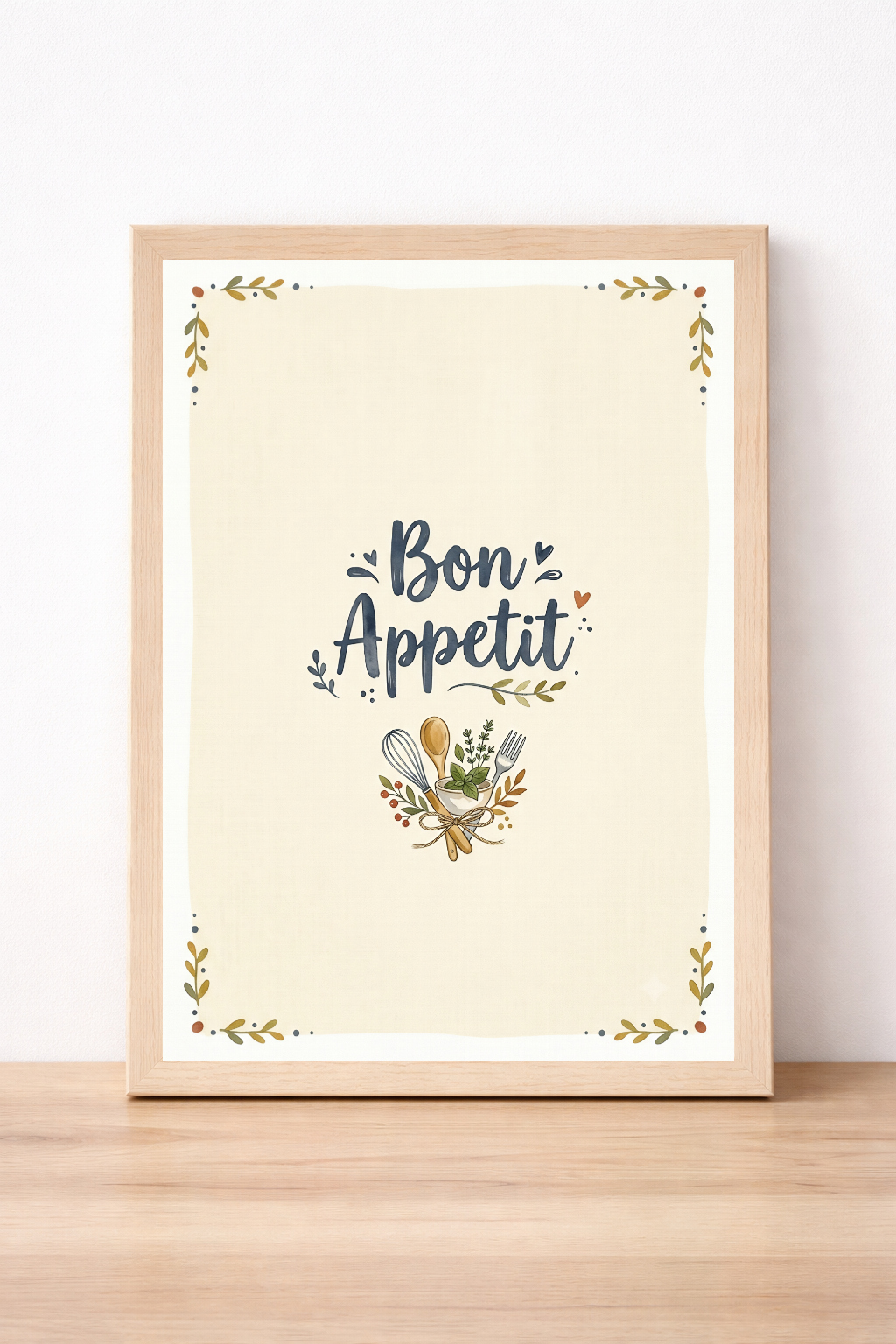 Bon Appetit Kitchen Print, Rustic Culinary Utensils Illustration, Farmhouse Home Decor