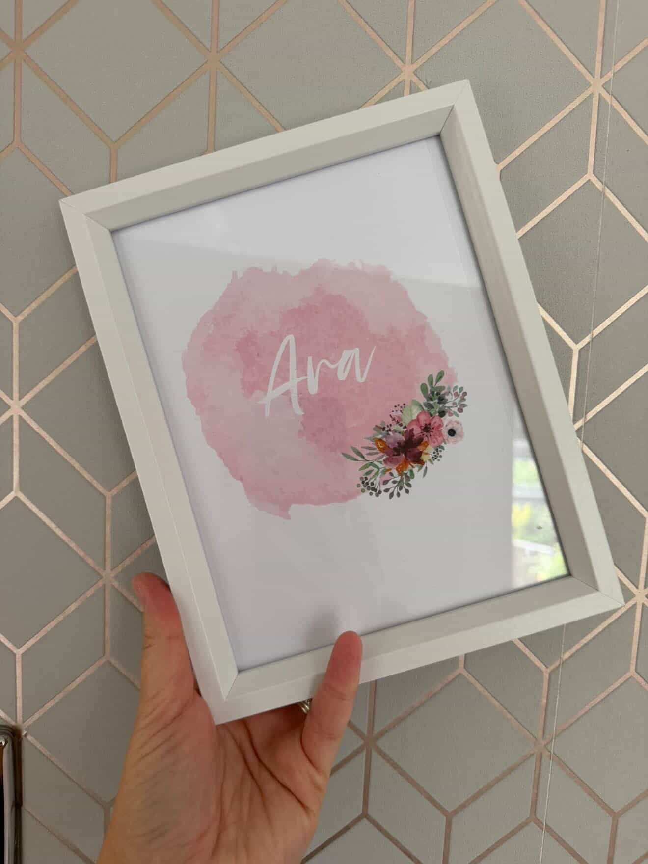 Personalised Pink Watercolour Name Floral Children's Room Wall Decor Print