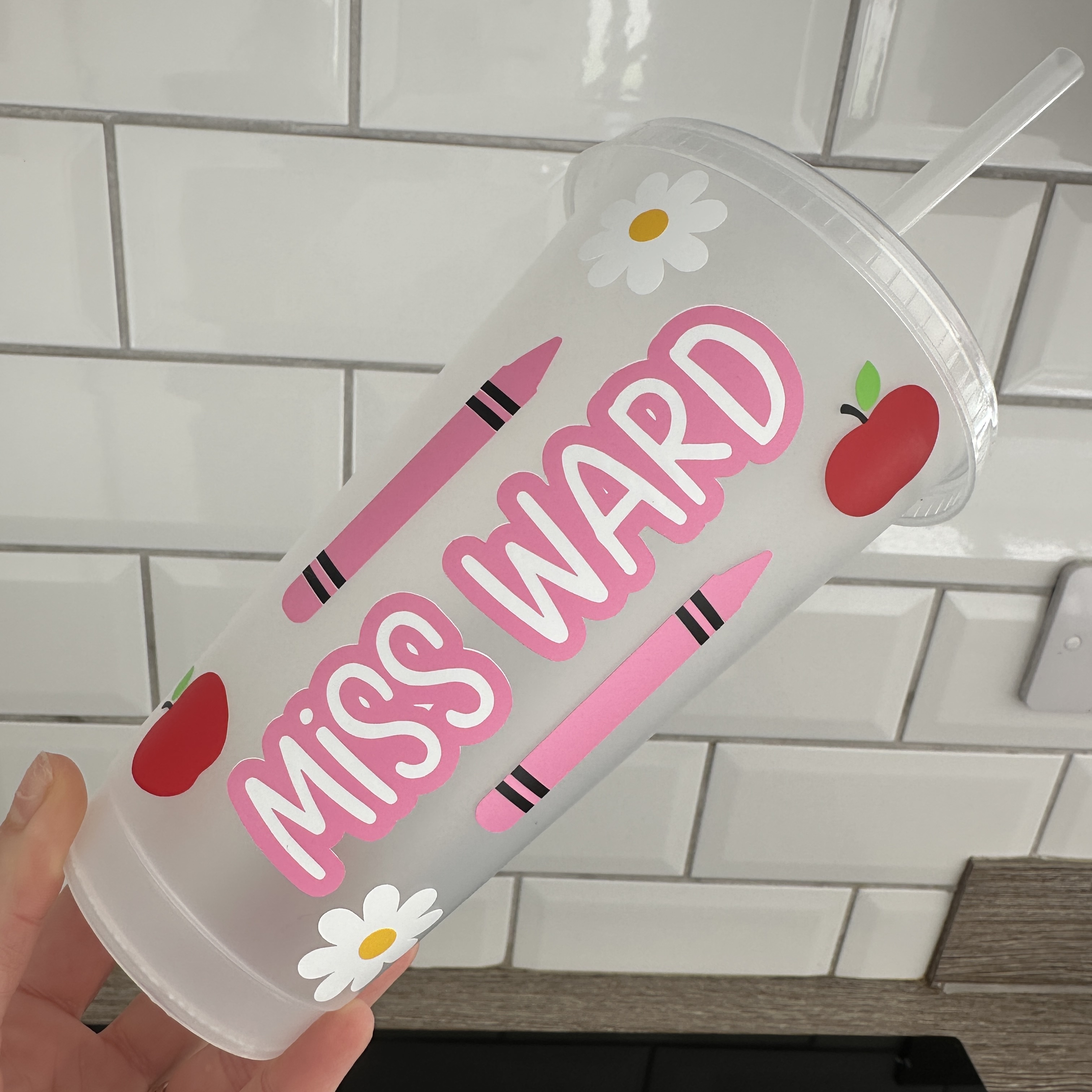 Personalised Teacher Cold Cup, Pink Crayon And Apple Design, Custom Name Gift, School Decor